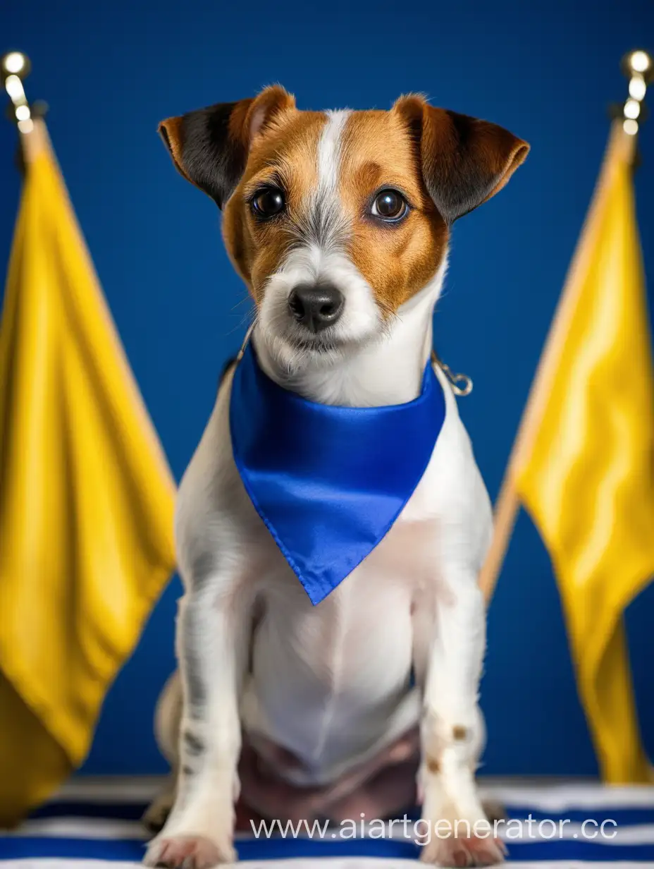 A dog of the Jack Russell Terrier breed with a blue-yellow flag on the background 