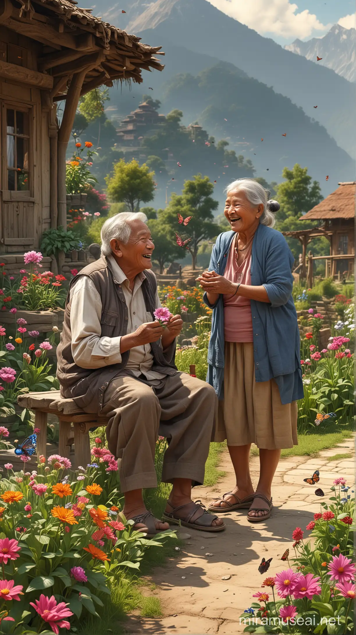 Joyful Nepali Elderly Couple Laughing in Vibrant Mountain Flower Garden with Butterflies and Birds