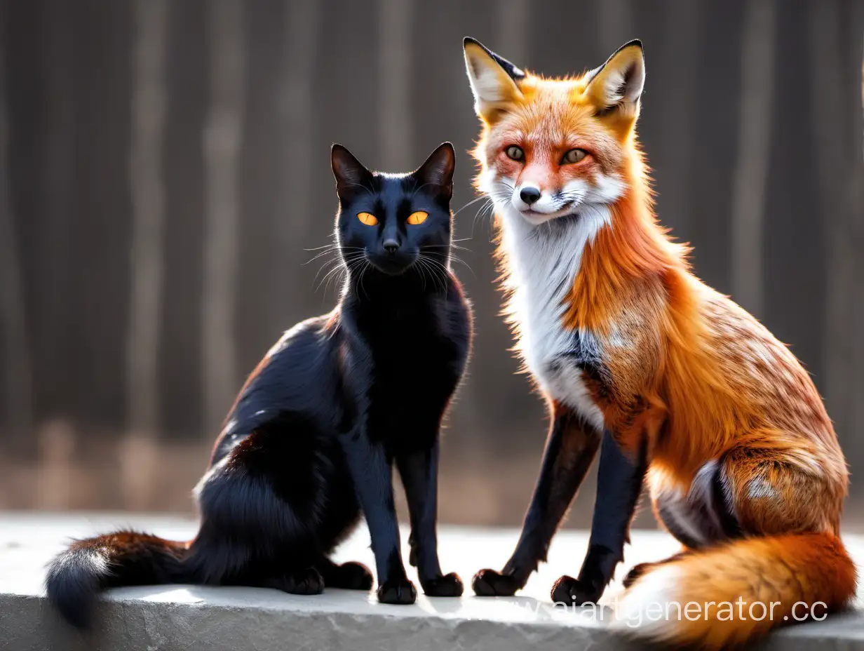 рыжий лис и черная кошка сидят рядом очень красивые