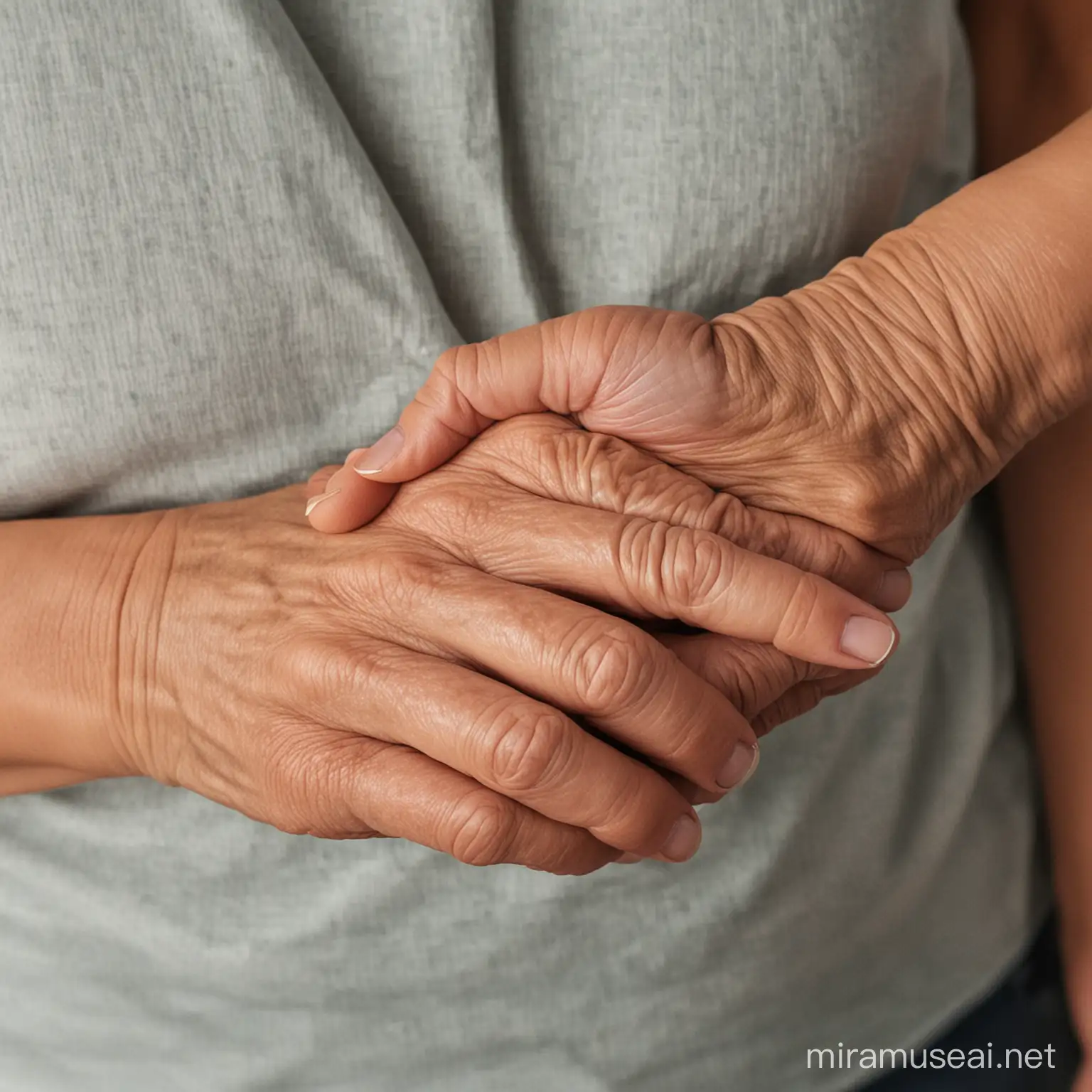 A picture of a boy holding his mother's wrinkled hands.