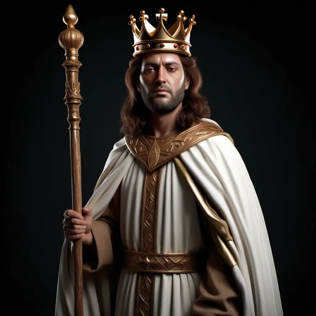"I am looking for an image of the biblical character assur with crown of wood , fully visible from head to toe, with brown,  hair and no beard, with feet, The image should be realistic, without a background and without other visible objects, small king staff."x."