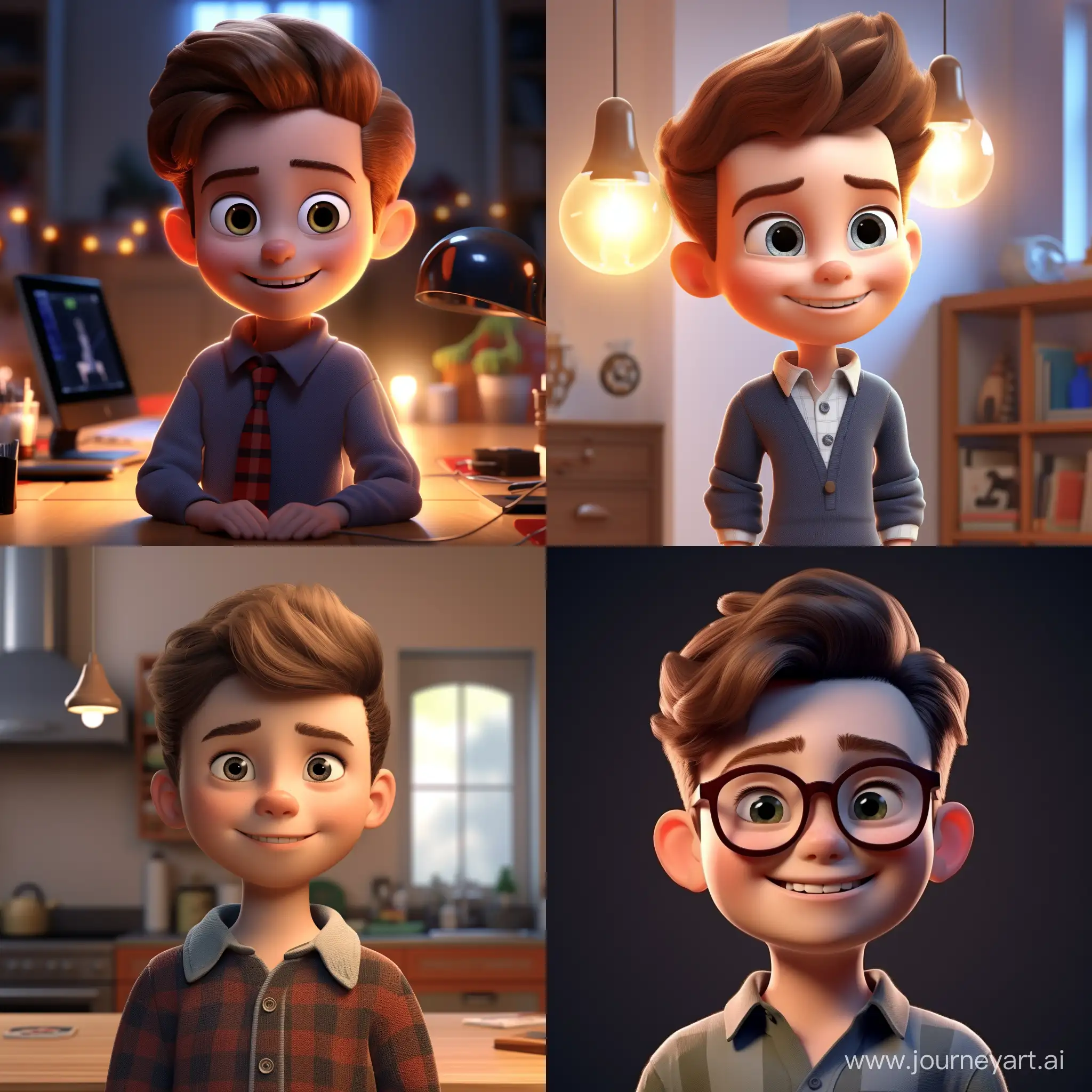 A claver boy came up with a good idea. He's smiling.Pixar style. 3D animation Style