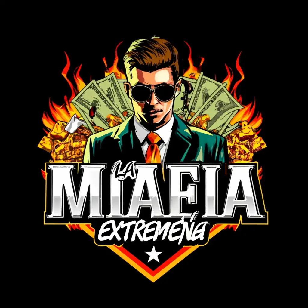 a logo design,with the text "THE EXTREMEÑA MAFIA", main symbol:a logo design,with the text "LA MAFIA EXTREMEÑA", main symbol:the symbol should be free, but in the logo I want a man in the center of the logo with a lot of money, drugs, and explosions around. Do it GTA 5 style since it's for a roleplay server and it's the logo for a mafia. the name of the mafia is LA MAFIA EXTREMEÑA,Minimalistic,be used in Internet industry,clear background,Minimalistic,be used in Internet industry,clear background