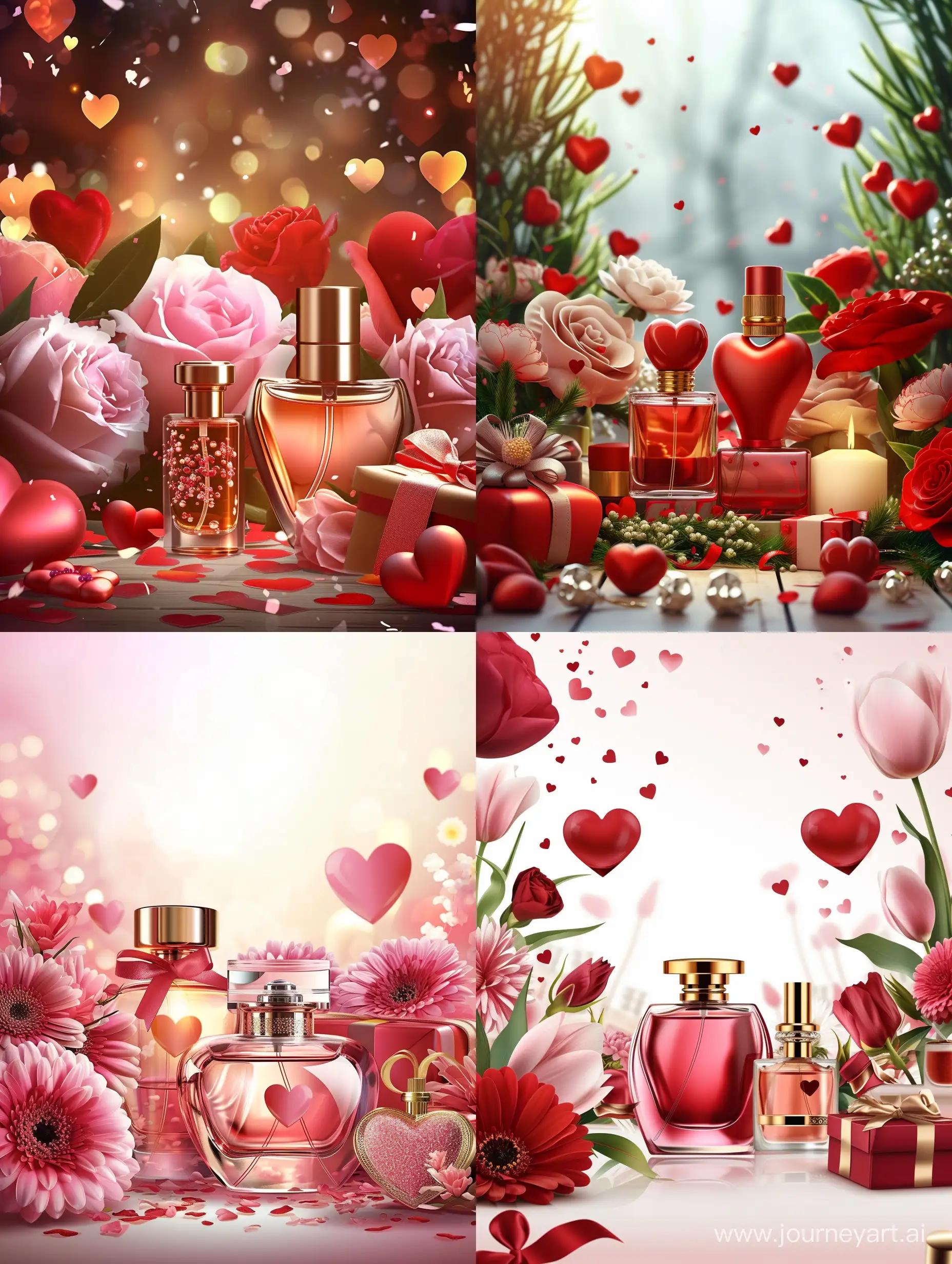 Valentine's Day, flowers, hearts, festive atmosphere, beautiful perfume bottles, gifts, realistic, detailed