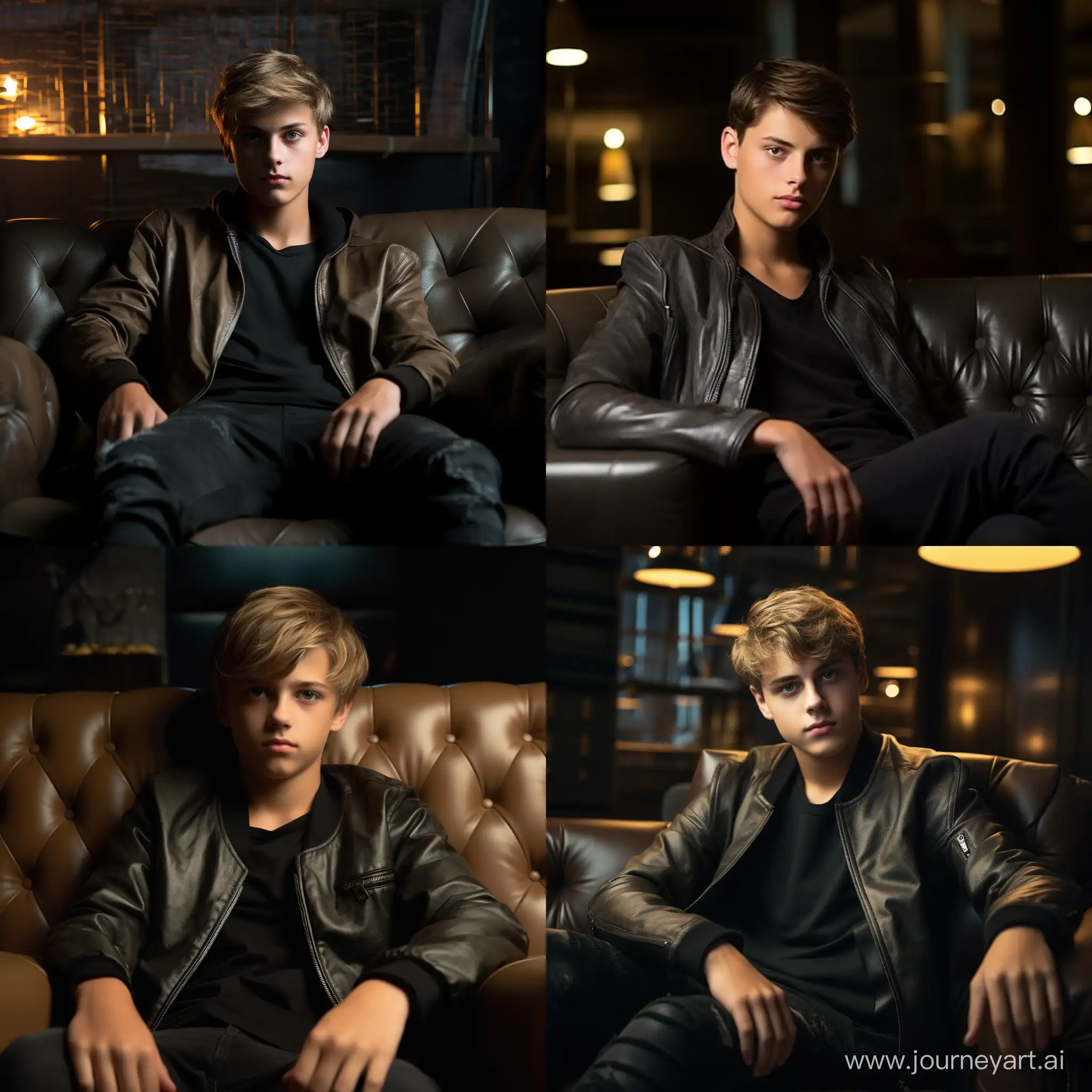 A sophisticated, realistic 4k cinematic photo,young adult, Not a mature 17 years old. European appearance with classical medium length haircut. He's wearing brand-new causal brand clothes. He is sitting on leather sofa, his focused demeanor enhanced by the soft glow of the screen in the room's understated lighting. The setting boasts a luxurious modern design with expensive furniture and book-lined shelves in the background that suggest depth and texture. In the style of 35mm film 