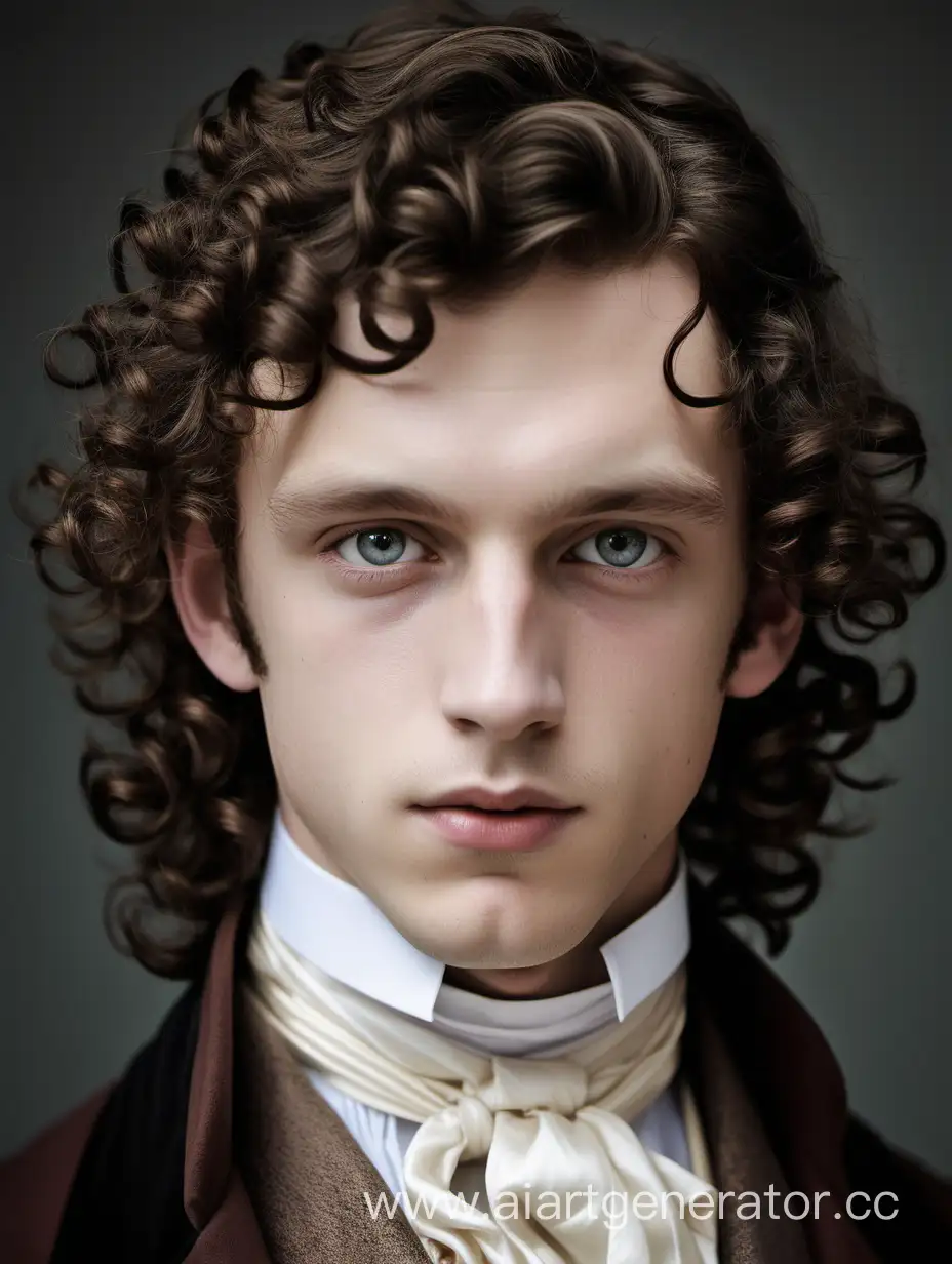 портрет юного аристократа со светло серыми глазами и кудрявыми темными локонами. также у него бледная фарфоровая кожа, аккуратный нос и аккуратные губы