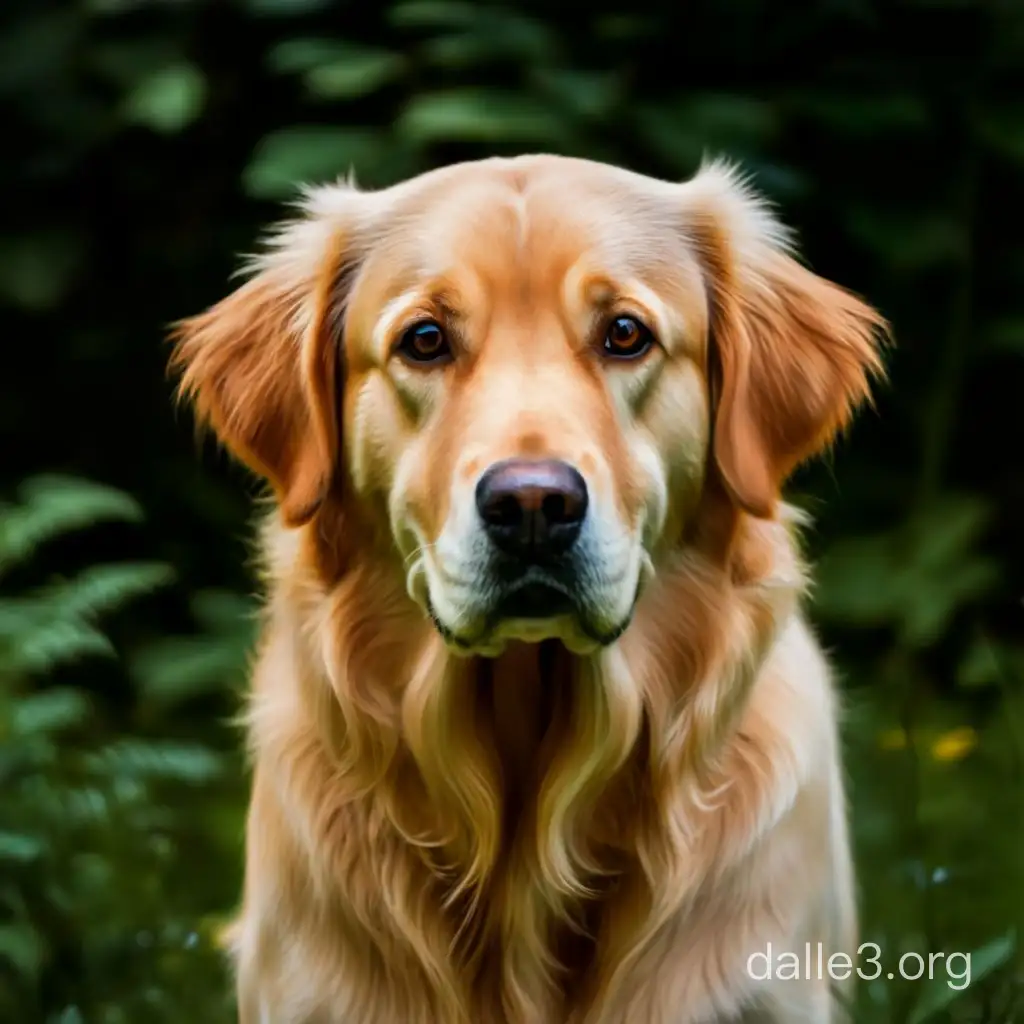 Фотореалистичное фото, портрет собаки породы золотистый ретривер На фоне природы