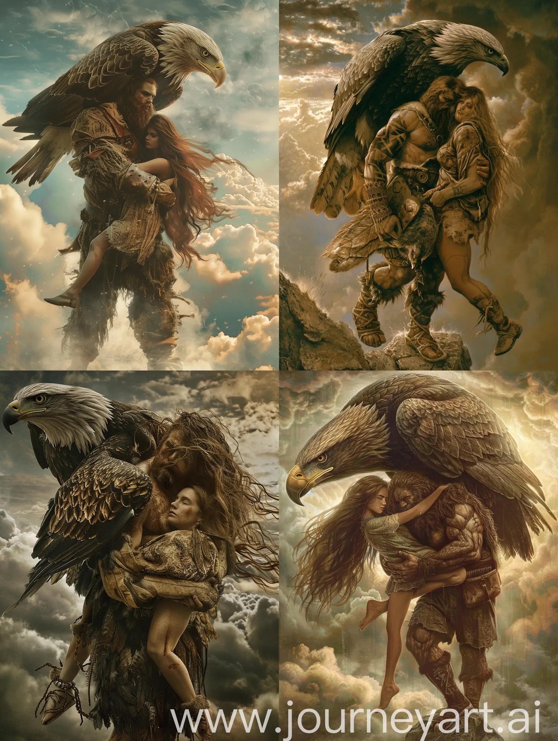 HEAVY BODY MAN, CARRYING LONG HAIRED WOMAN, HAS A LARGE EAGLE HEAD, BEAUTIFUL CLOUD BACKGROUND. very detailed on all objects