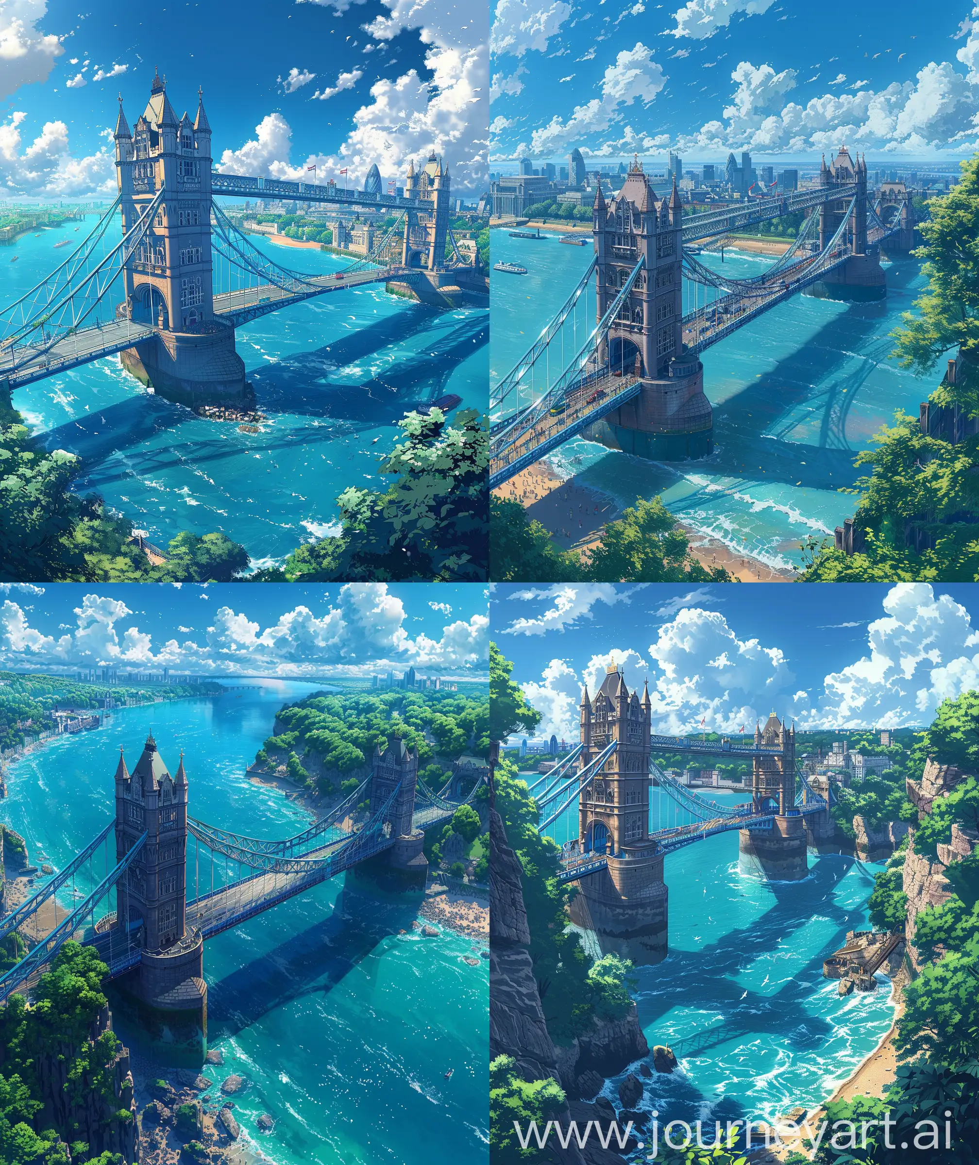 Beautiful anime scenery, mokoto shinkai style,  London bridge, Aerial view of London bridge, ocean view, summer, day time, bird eye view, illustration, ultra HD, high quality, no blurry, no hyperrealistic --ar 27:32 --s 400