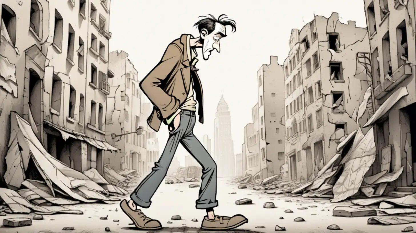 A cartoon poor thin man in torn clothes alone in a city