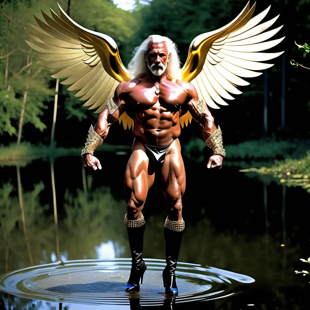 powerful male god who is very muscular grandad male bodybuilder who ((flying, hovering, levitating above a pond in a forest, holding a fireball)). Black latex underware, long grey thinning hair. black tall thigh high boots that go over the knee with gold spikes, stiletto heels, wide gold belt, statement gold chain. Athletic body, slim waist. Very muscular thighs and muscular quads. (Black pvc G-string) showing tanned and muscular legs . Worlds biggest bodybuilder, steroids, veins popping, gold spiked gauntlets, wind blowing. Most muscular bodybuilder ever.. ., clean shaven. Gold spike epaulettes. Looks like Laurence Llewelyn-Bowen. ((Big gold diamond hawk wings)), (( diamond arm bands)), gold metallic thigh bands, gold horns  Download