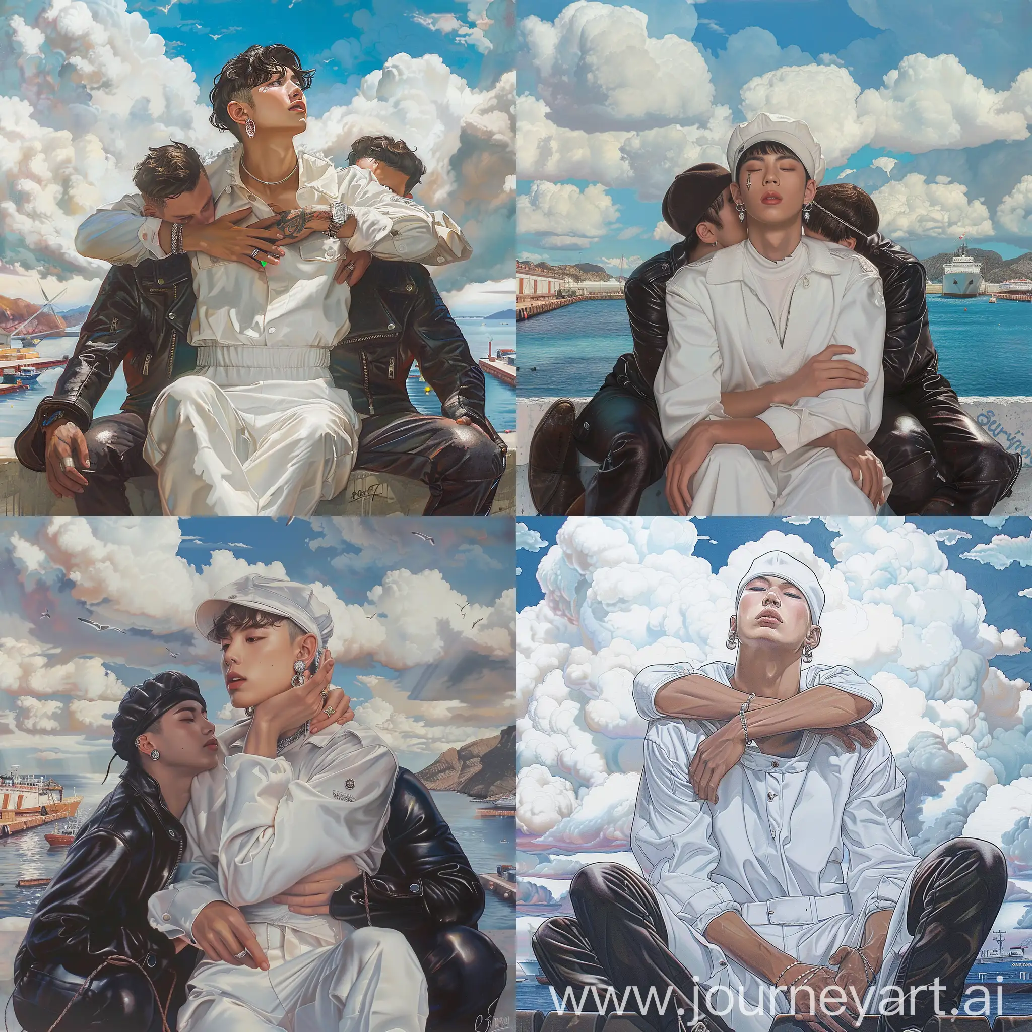 colourful picture of young male sailor in white outfit, silver earrings, sitting on a harbol wall, hugged by two leatherboys, surrounded by white clouds