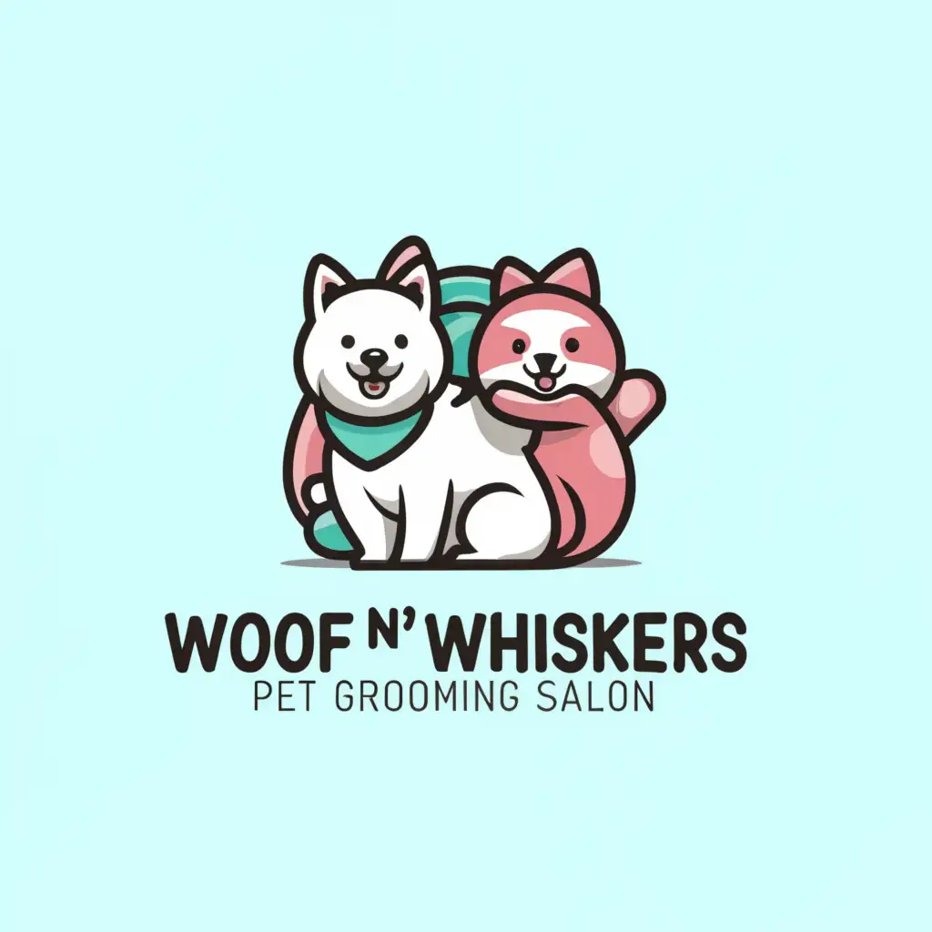 a logo design,with the text "WOOF N' WHISKERS PET GROOMING SALON", main symbol:Pomeranian, clingy cat, white, pink, teal blue,Minimalistic,be used in Home Family industry,clear background