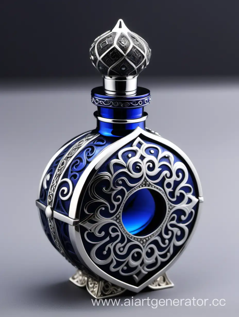 Incredibly detailed, elaborate, embellished potion bottle containing the elixir of life decorative ornamental Zamac Perfume cap, and bottle Dark blue, silver color with dark black square arabesque pattern shaped | metallizing finish