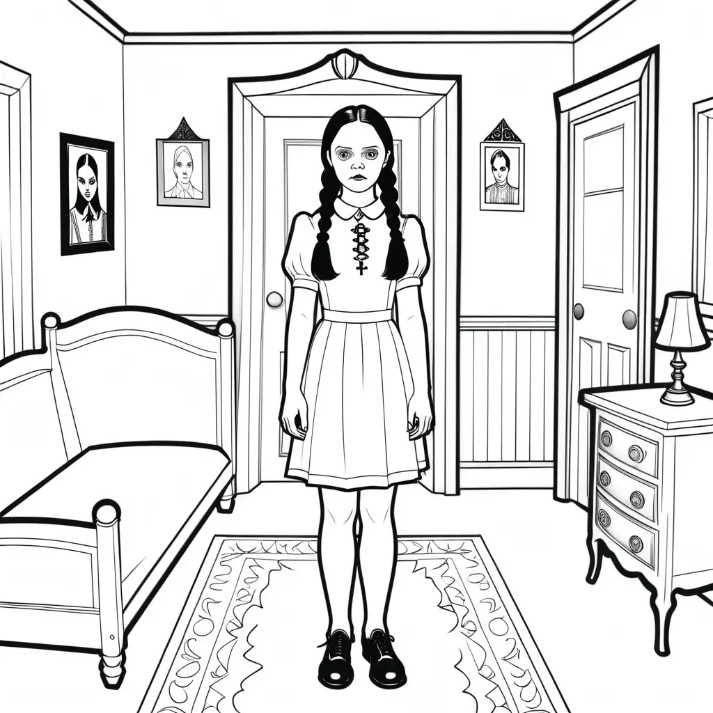 a simple black and white coloring book outline of Wednesday Addams standing in her room, for coloring