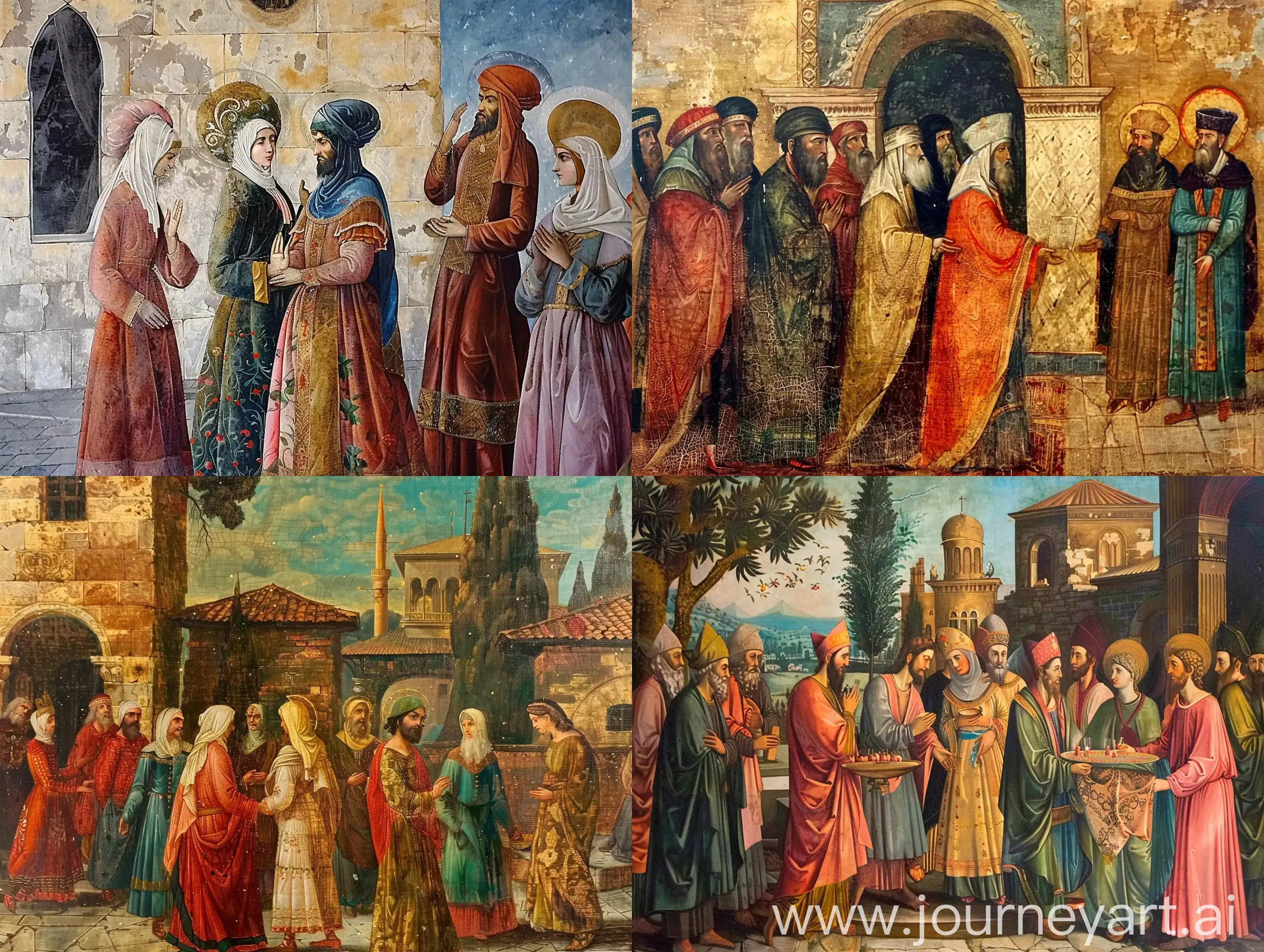  Ottoman era Anatolian Greeks attending a church ceremony. Renaissance style, Leonardo Davinci style. Medieval Italian oil painting.