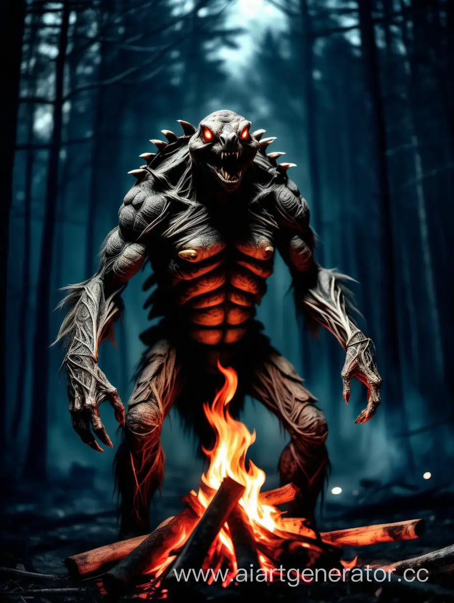 Eerie-Humanoid-Turtle-Werewolf-Illuminated-by-Bonfire-in-Dark-Forest