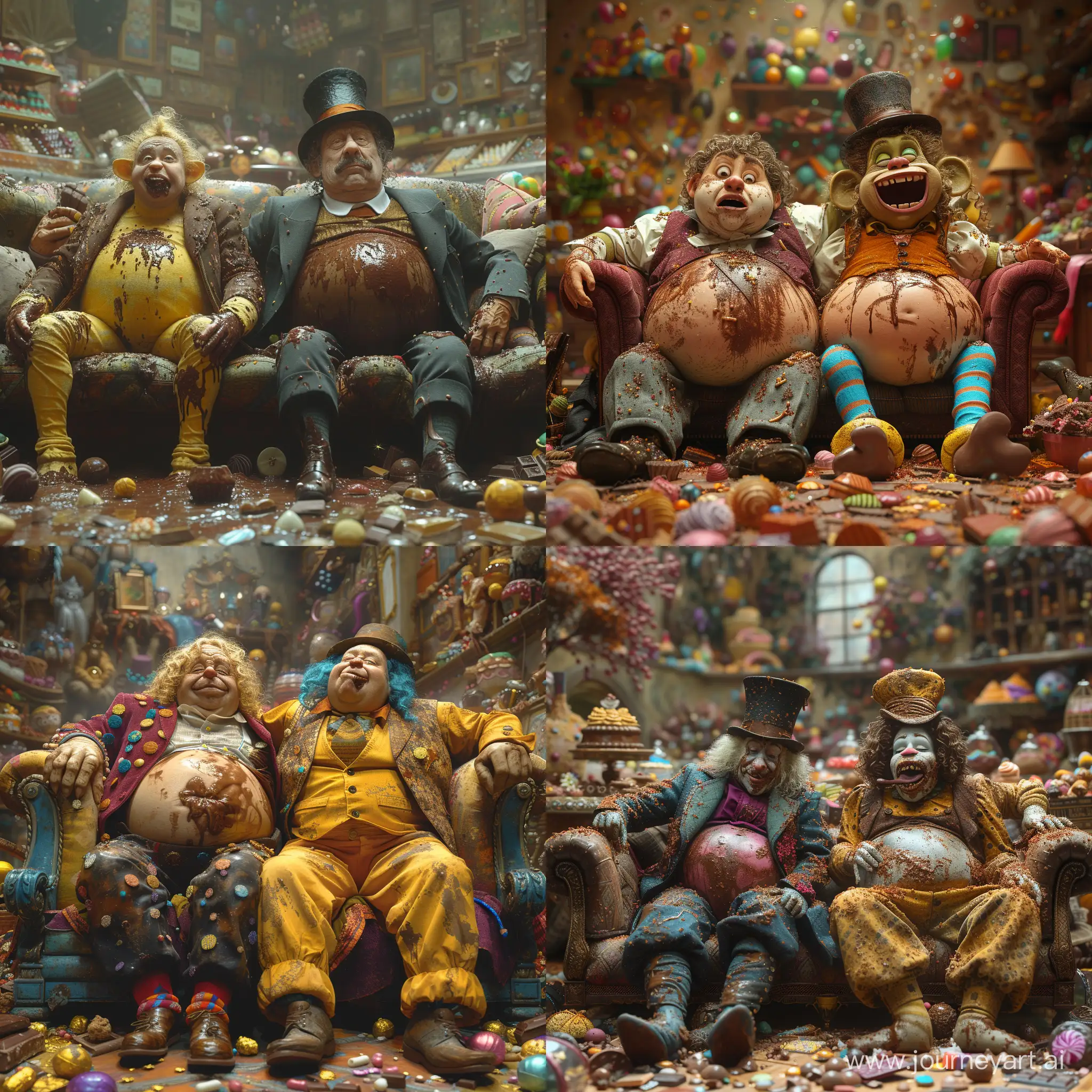 willy wonka and  oompa loompa sitting on a couch, tired and full of fat. Their bellies are swollen after eating a lot of chocolate. Their mouths are smeared with chocolate in a chaotic room full of sweets, with weak lighting and fine, blurry details in the background with mixing colors. --stylize 750 --v 6
