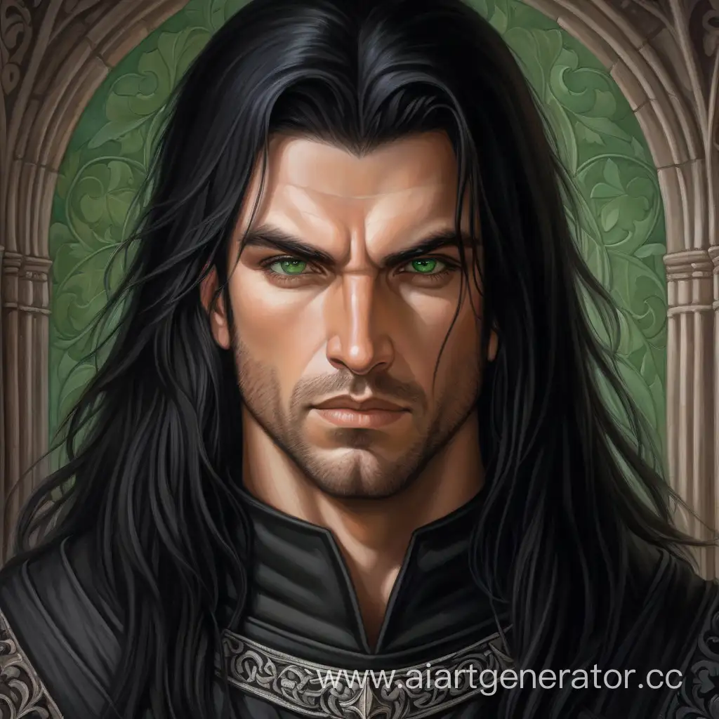 Мужчина, красивый, брутальный, строгий, чёрные длинные волосы зачёсаные назад, сильная щетина, зелёные глаза, чёрная одежда, средневековье, симметрия, потрет