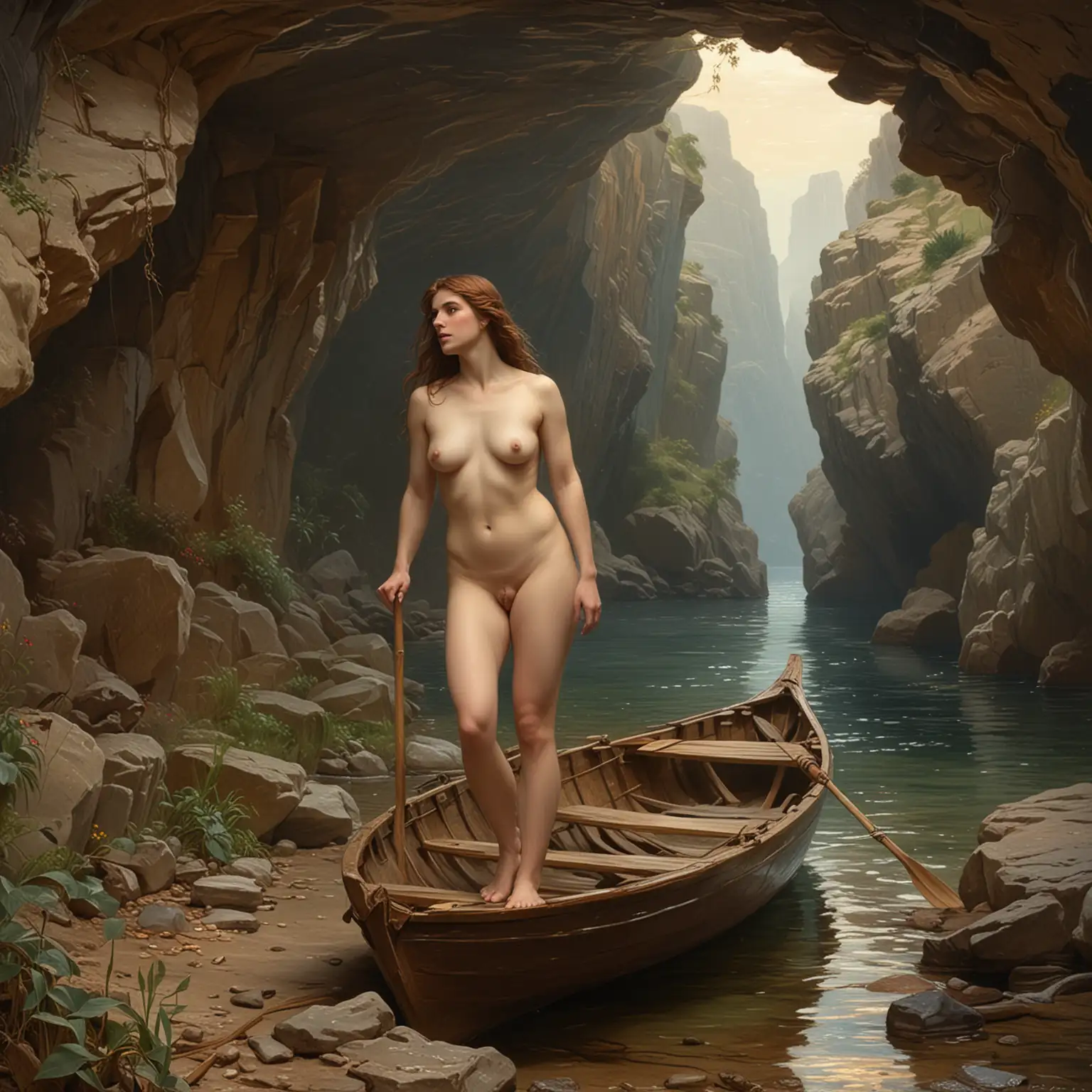 the nude female muse Calypso is standing on the ground in a cave.  She is looking down at the handsome man Odysseus who is rowing a boat to leave, envisioned in the artistic style of the renowned British painter, Sir John William Waterhouse