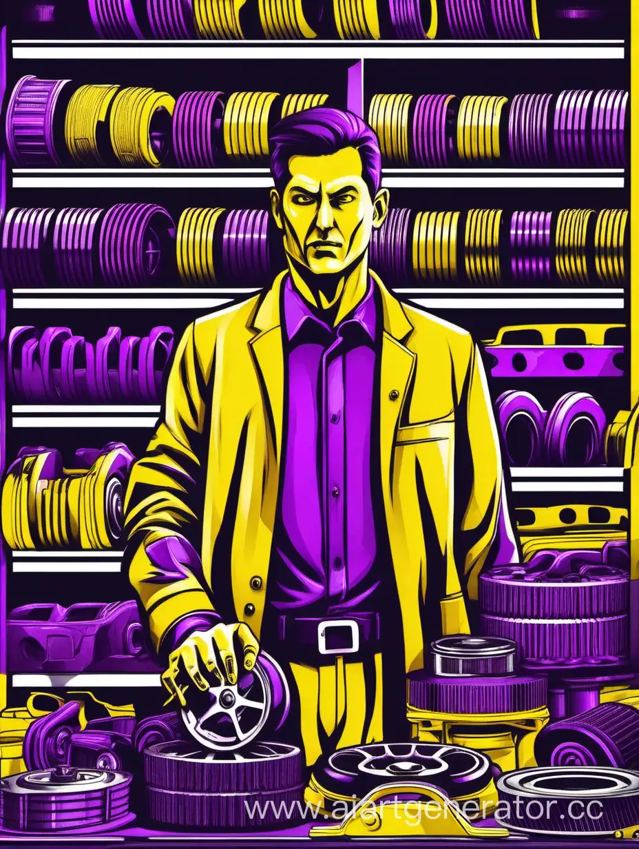 A man Specialist in selecting car parts in yellow and violet tones