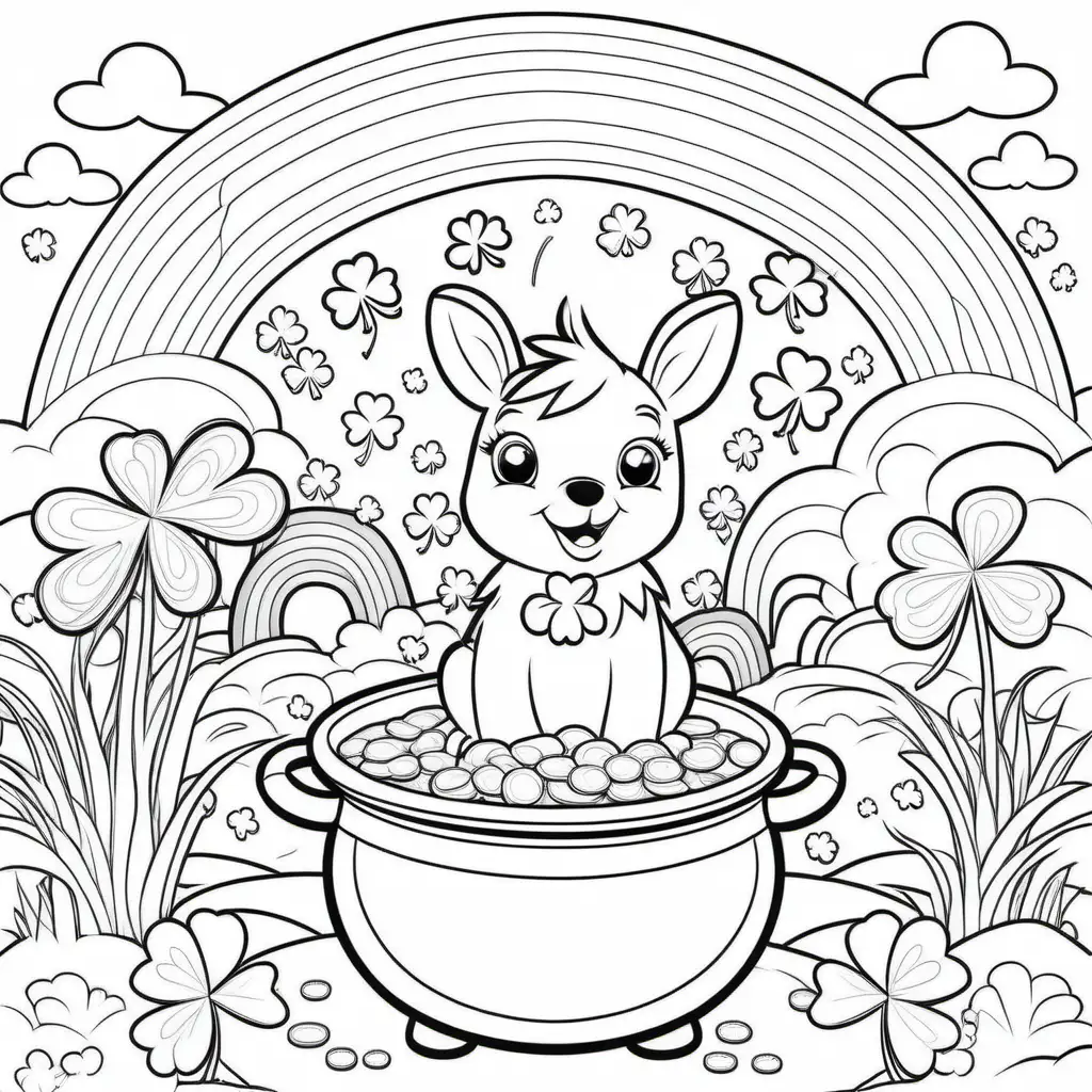 coloring book for kids, st Patricks day, animals with shamrocks, rainbow with no color, pot of gold, cartoon style, thick lines, low detail, no shading, -- ar, 9:11