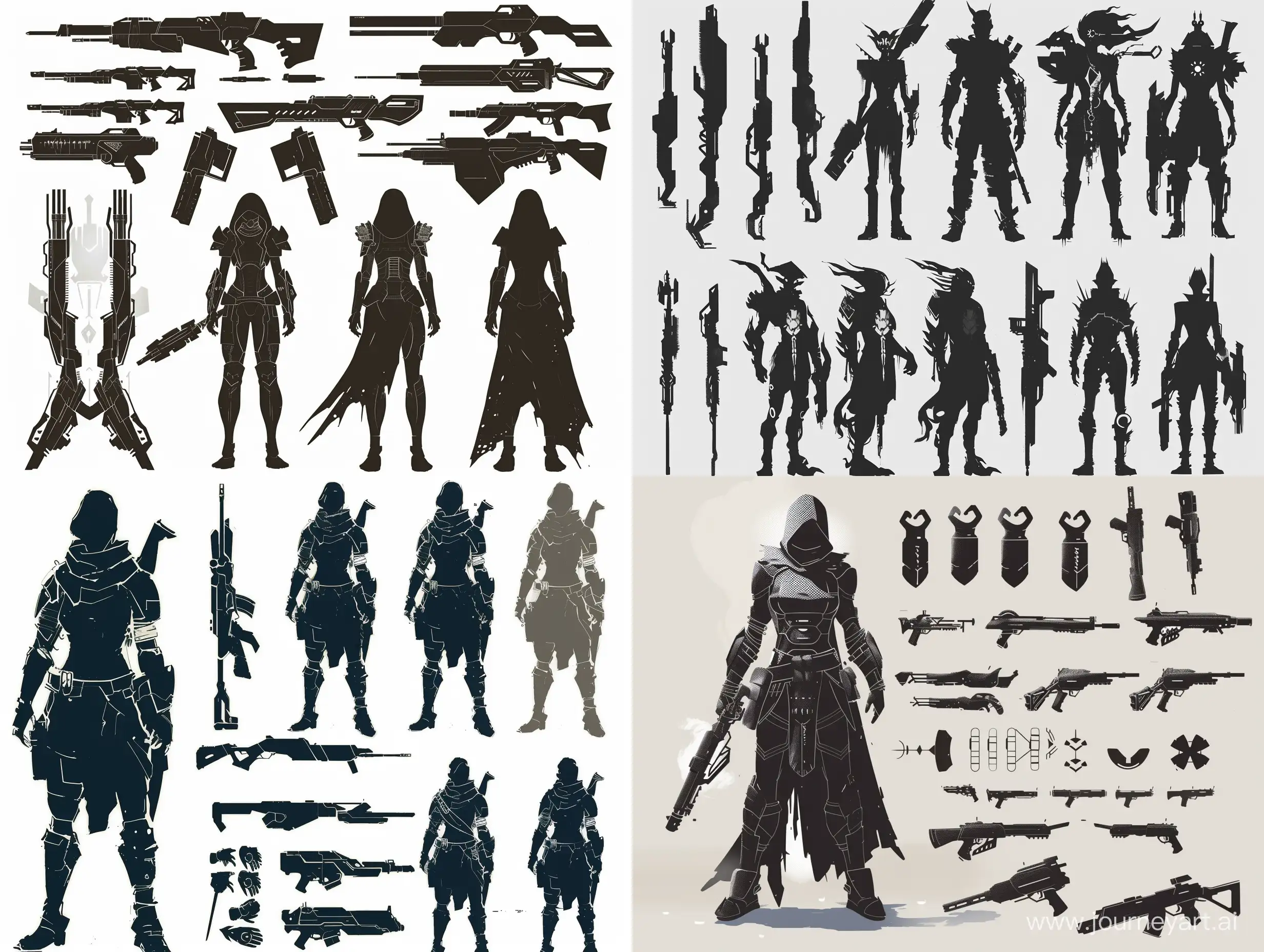 character silhouette exploration for sci fi bounty hunter, many weapons, interesting shapes concept art many concepts