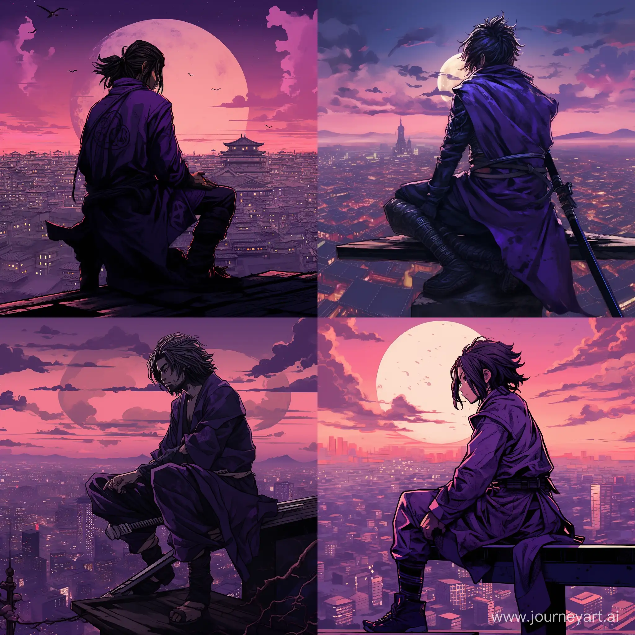 Urban-Samurai-Overlooking-Cityscape-in-Striking-Purple-and-Black-Tones