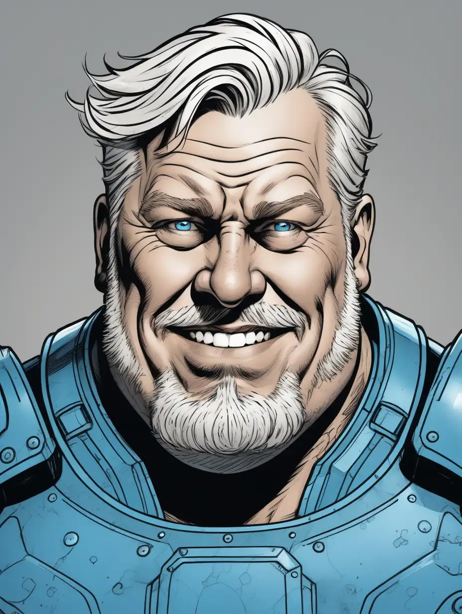 inked comic book art style, close up portrait of a rotund Scandinavian man, greying blond hair, late forties. Jovial. He is wearing ocean blue power armor over torso. Grey background.