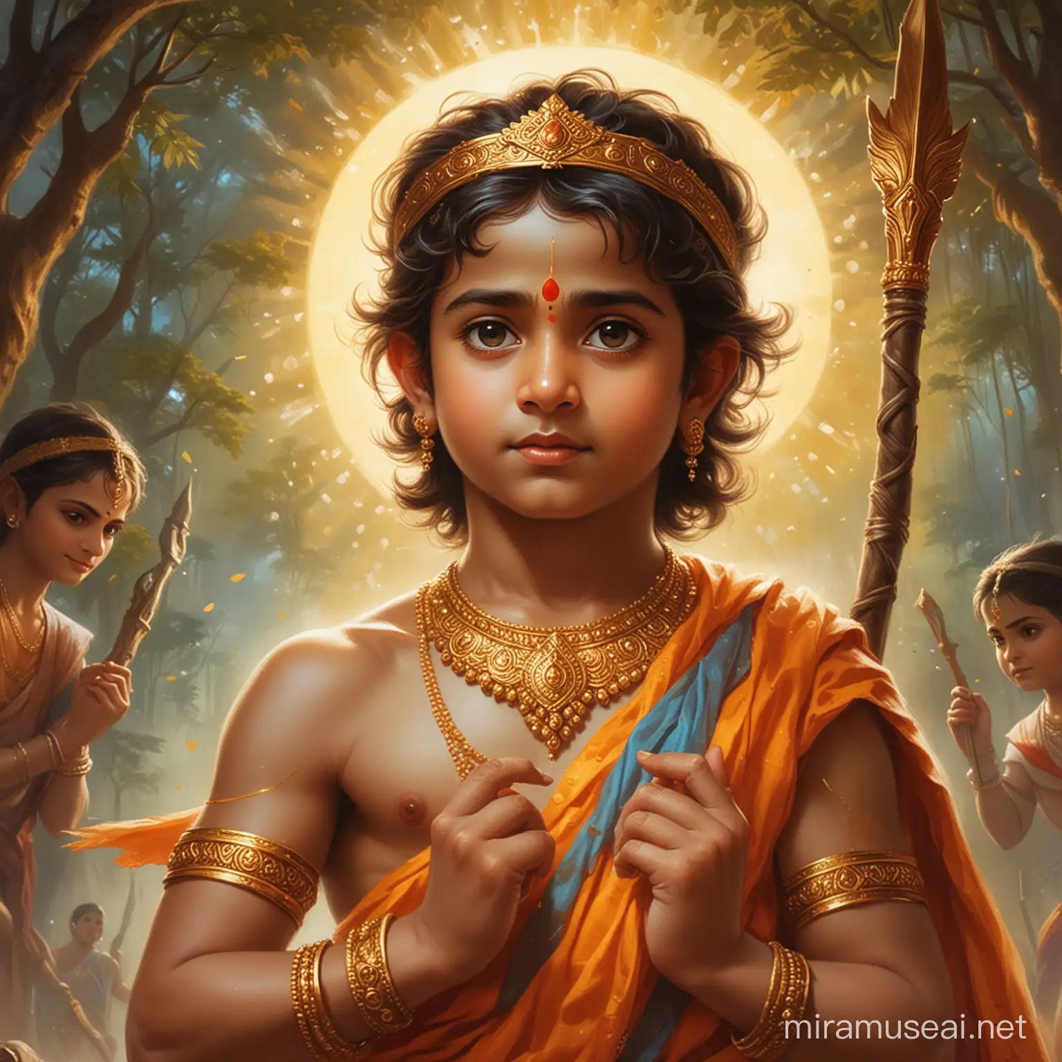 "Imagine Lord Rama, the embodiment of virtue and strength, taking the form of a child. Write a scene where the divine presence of Lord Rama shines through the innocence and purity of a child's face. Capture the essence of his wisdom, compassion, and courage as he interacts with the world around him in this youthful guise."