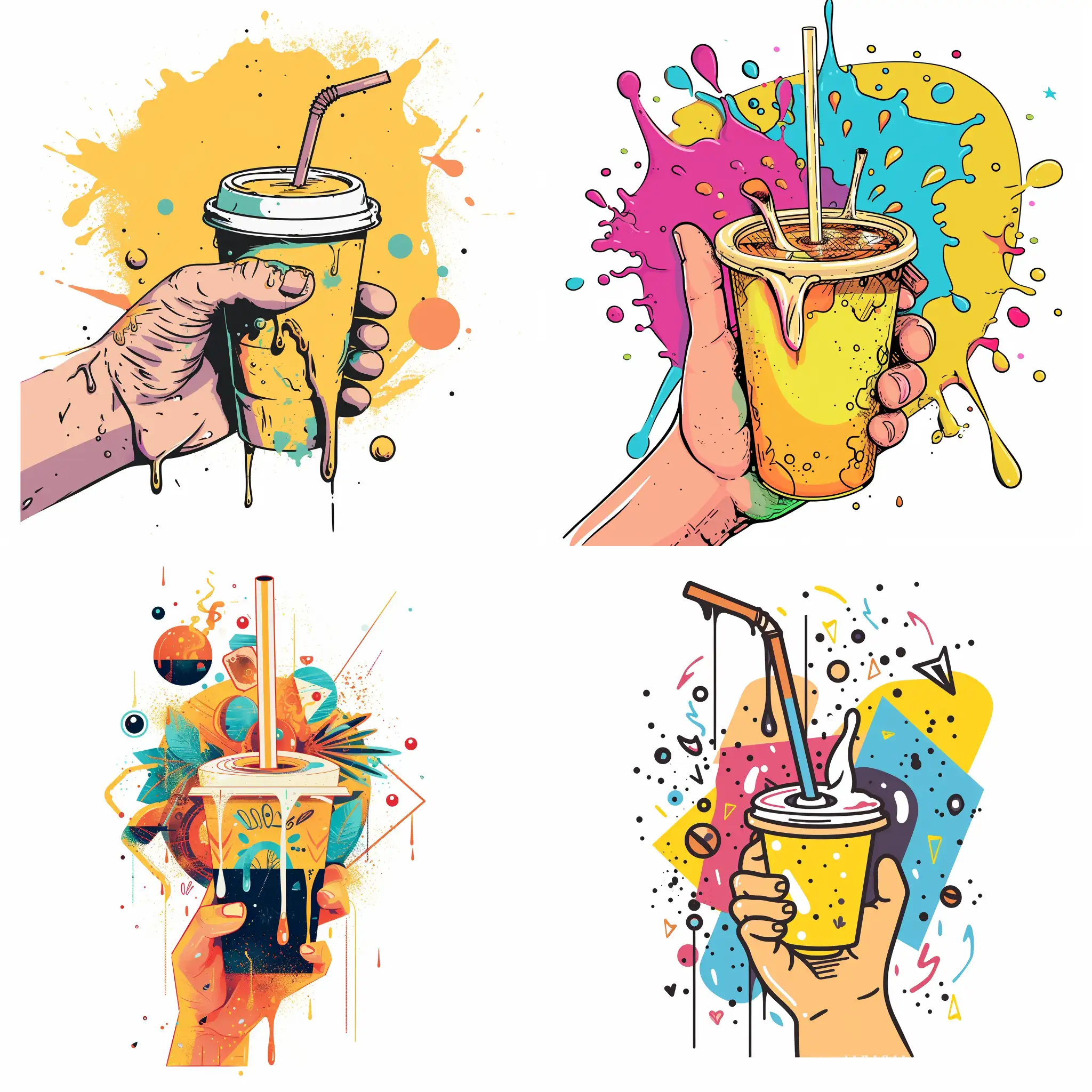 Action: Generate a creative and impactful vector illustration evoking a sense of Artistic, amusing illustrative graffiti about a human hand hold a cold coffee cup that inside out a straw with wet dripping, supporting puns, decorative shapes to look attractive.

Color: Stick to the traditional vibrant color in White background to reflect the better exposure setting.

Design Composition: The overall layout should be balanced and aesthetically pleasing, with a clever use of spacing, symmetrical and well-aligned accordingly. Ensure the final design edges not cut off or side off. Never use any mockup, just create the artwork with a perfect blank space all the edges. 