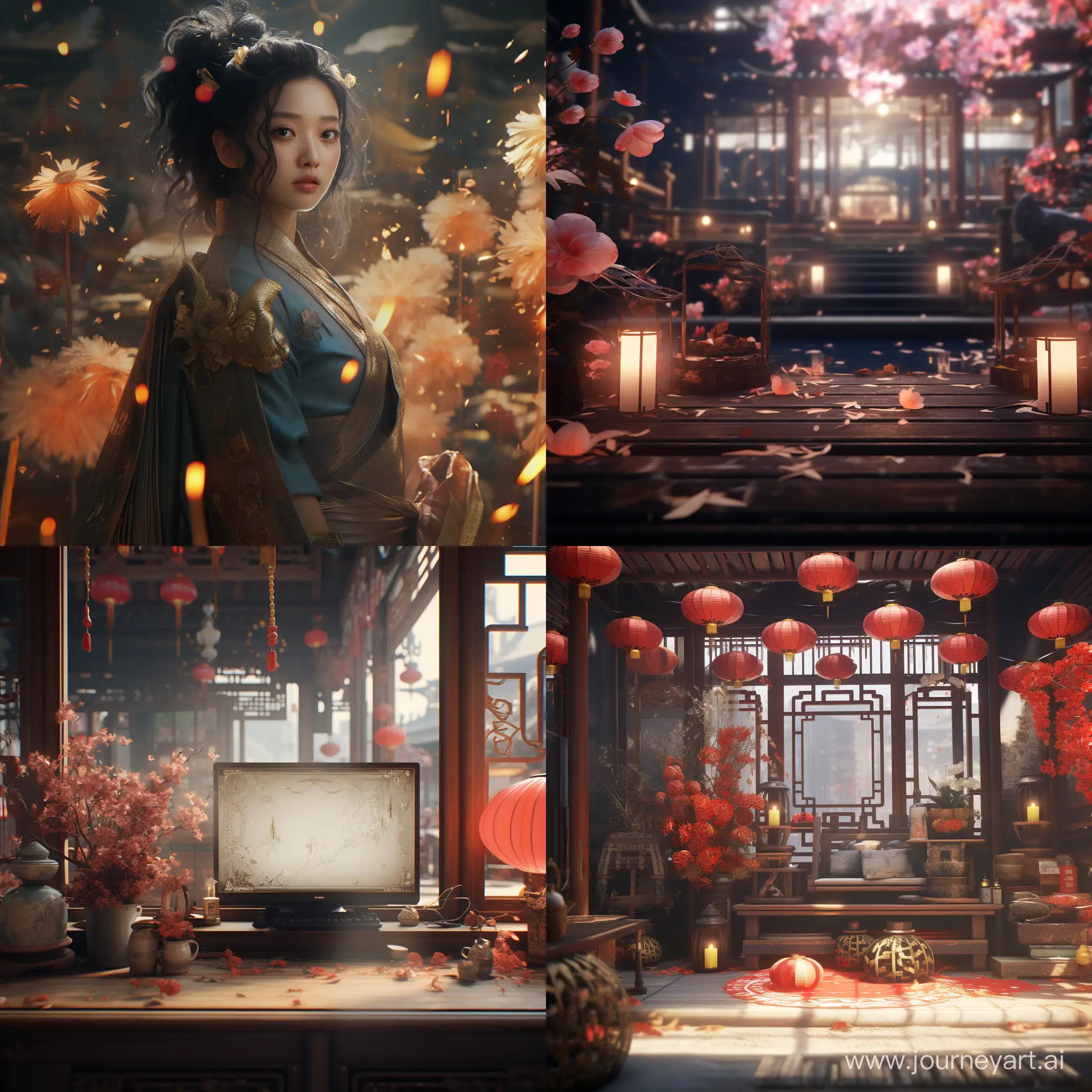 cinematic style , detailed intricate , hyper detailed , hyper realistic , octane rendering , 16K , UHD cinematic style , detailed intricate , hyper detailed , hyper realistic , octane rendering , 16K , UHD , Embroidered , Hanfu , Chinese painting , Chinese lanterns , Panda , Fireworks and firecracker，戴着猪猪兜帽的少女