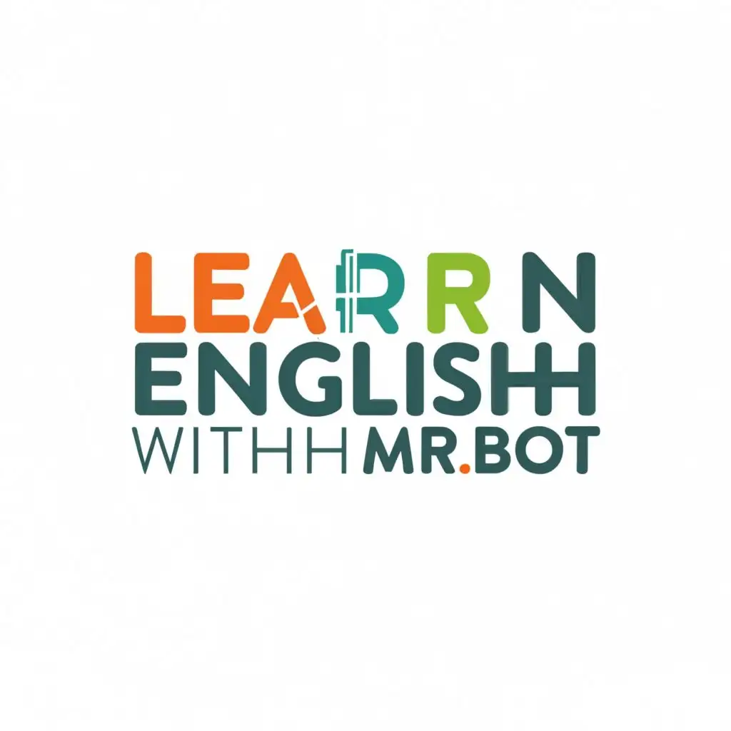 logo, White color background, small text, black, orange , green and light green, background photo 16:9 type, with the text "Learn English with Mr BOT", typography, be used in Education industry