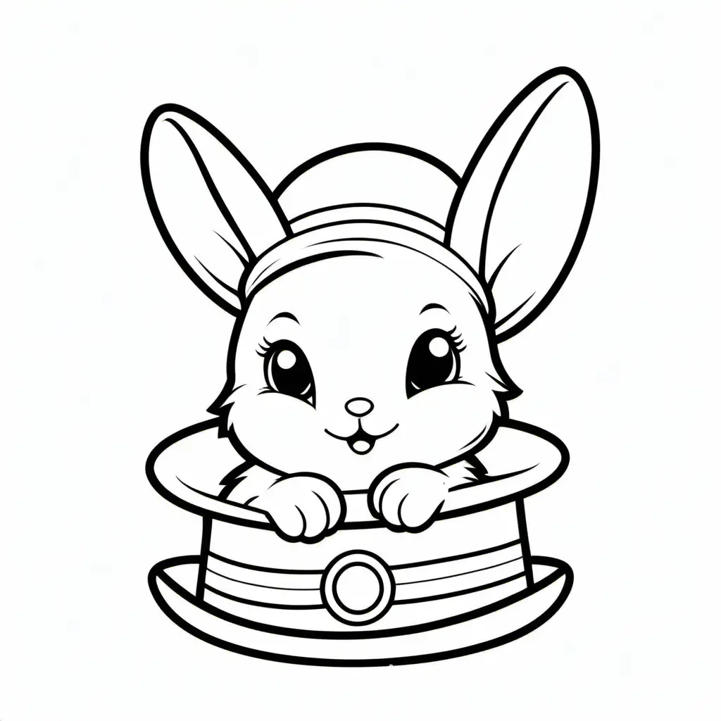 Baby rabbit come out of a hat, Coloring Page, black and white, line art, white background, Simplicity, Ample White Space. The background of the coloring page is plain white to make it easy for young children to color within the lines. The outlines of all the subjects are easy to distinguish, making it simple for kids to color without too much difficulty