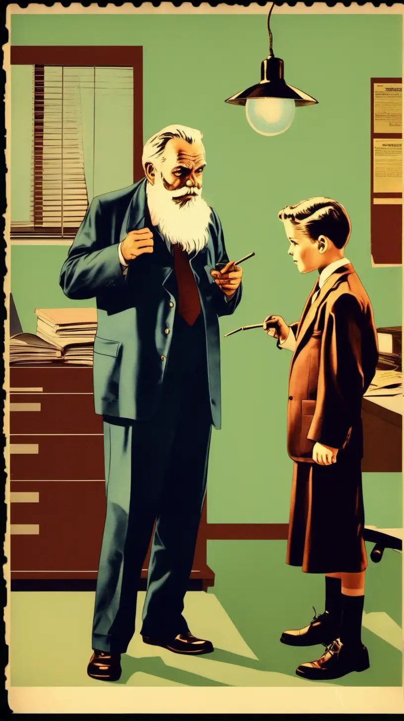 A mentor in an office teaching a student a lesson. Like a cult movie poster. Un homme qui a une barbe blanche et un étudiant. Style vieux films des années 40 en couleurs 