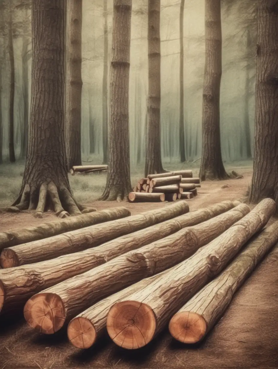 vintage forest with logs, realistic wood texture, make it like a painting