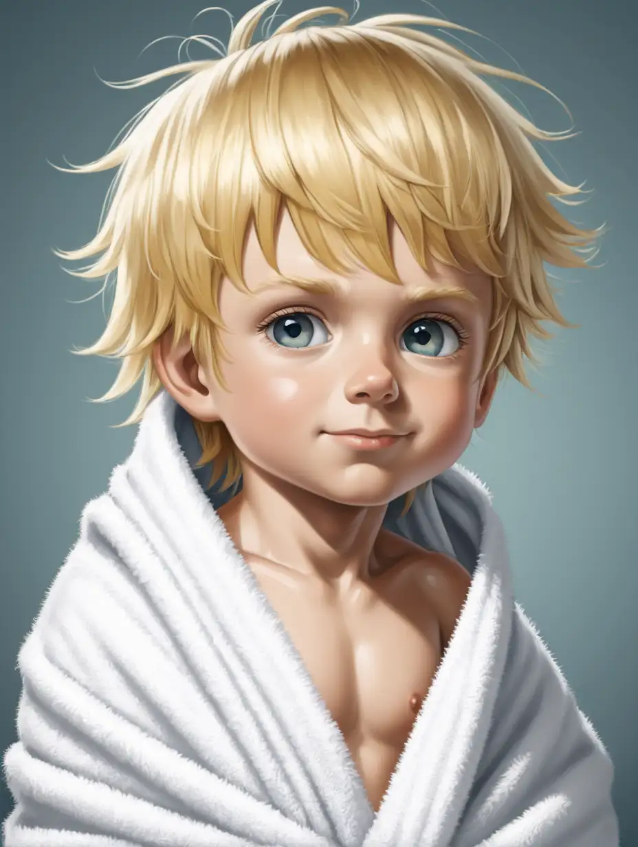 little blonde boy wrapped in a towel , hair wrapped in a towel.