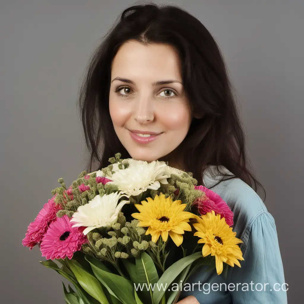 Brunette-Woman-Holding-Bouquet-of-Flowers