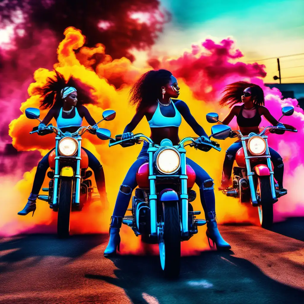 A group of african american women on bright colorful motorcycles with colorful smoke blowing out of the motorcycles. Background dark sunset in the style of digital art