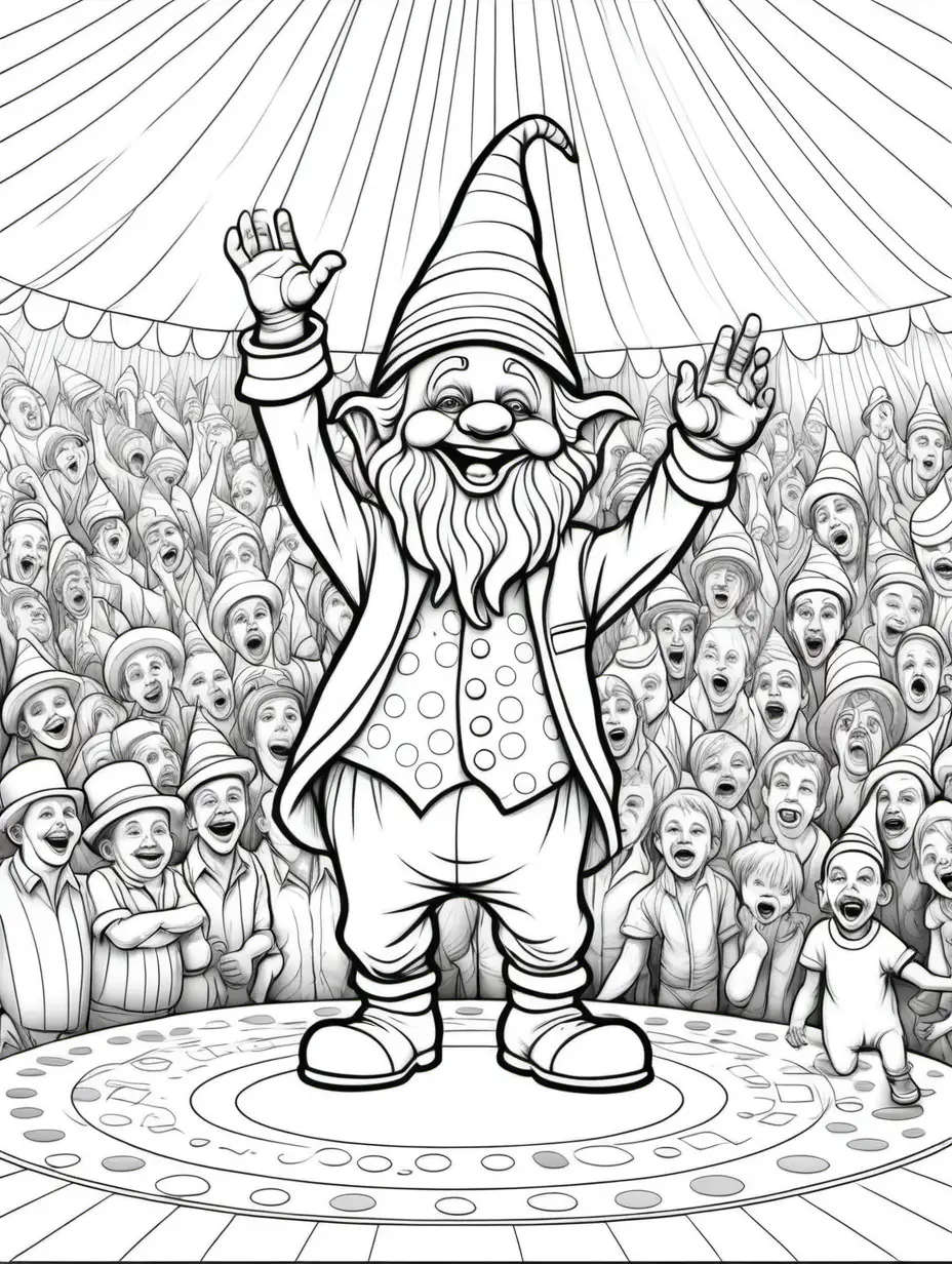 coloring page for adults, gnome clown performing at crowded circus, thick lines, low detail, no shading,