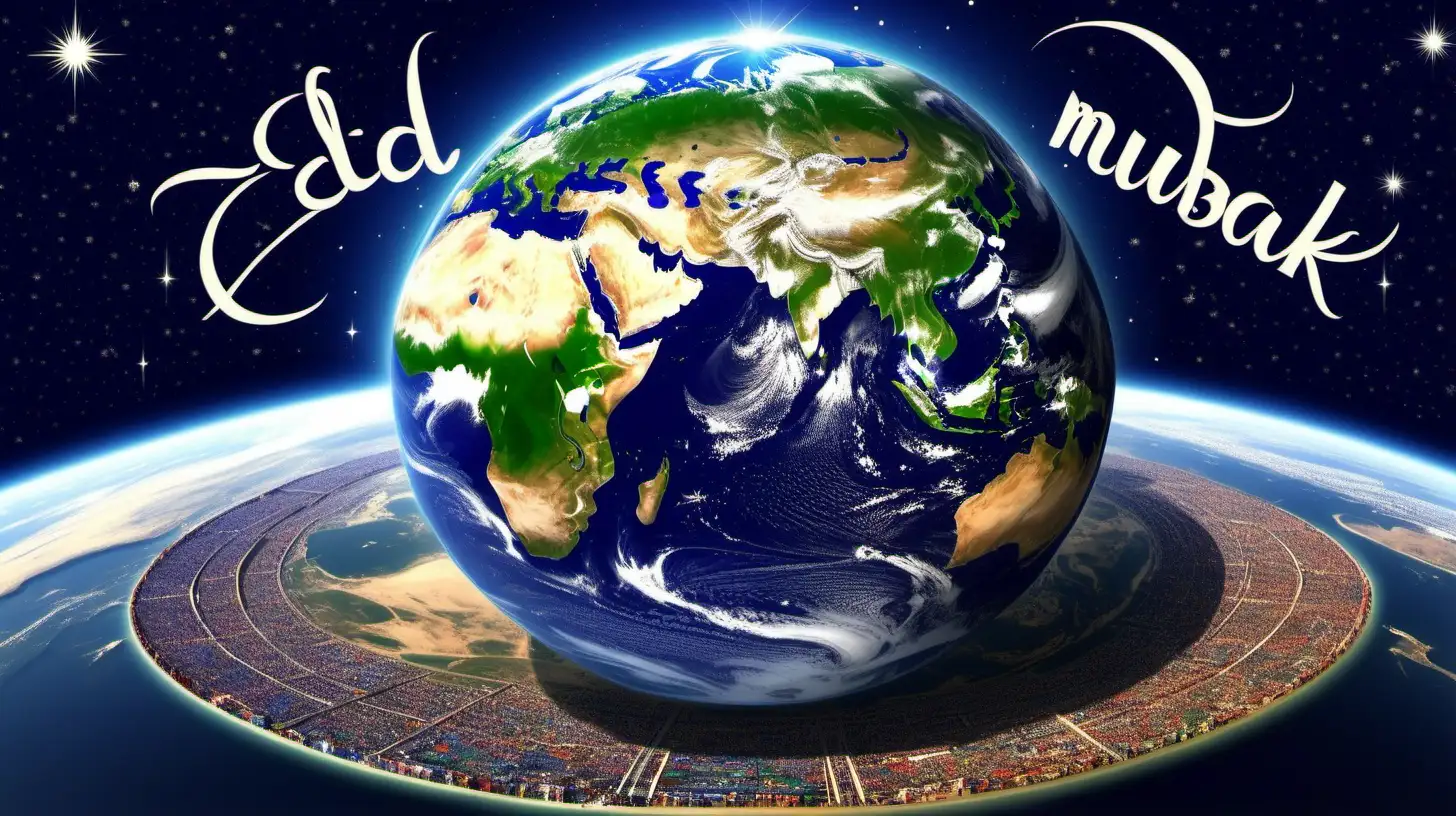 A Worlds Largest Eid Mubarak celebration image with earth as whole enjoying EID 
