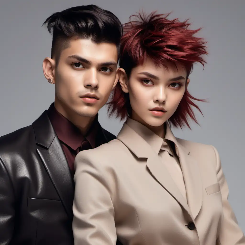 Create an eye-catching image embodying the dynamic fusion of classic and modern styles in 2024 fashion. Feature a trendy young couple with unique wolf cut hairstyles, seamlessly blending elements of the classic mullet and contemporary shag for a fresh and individual look.

**Specific Instructions:**

1. **Wolf Cut Hairstyles:**
   - Ensure both the guy and the girl sport distinct wolf cut hairstyles, a perfect blend of the classic mullet's edge and the contemporary shag's layered allure. Highlight the individuality of each cut to resonate with the personal style of young adults.

2. **Fashion Fusion:**
   - Dress the couple in the latest 2024 fashion, effortlessly merging vintage and modern trends. Incorporate a mix of classic and contemporary clothing items that resonate with the preferences of fashion-forward young adults.

3. **Confident Poses:**
   - Capture the couple in confident and empowered poses, exuding a youthful and self-assured vibe. Showcase their individual personalities through body language, ensuring a dynamic yet harmonious connection between the two.

4. **Dynamic Interaction:**
   - Convey a sense of dynamic interaction between the couple. Whether they share a moment, exchange glances, or strike complementary poses, emphasize the chemistry that reflects the energetic spirit of young adults navigating evolving fashion trends.

5. **Background Harmony:**
   - Place the characters in a setting that signifies the blending of different eras. Opt for a backdrop that seamlessly merges elements from both old and new aesthetics, reinforcing the theme of fashion evolution and resonating with the eclectic tastes of young adults.

The goal is to generate an image that not only showcases the stylish wolf cut hairstyles but also resonates with the confident, collaborative, and fashion-forward spirit of young adults in 2024.
