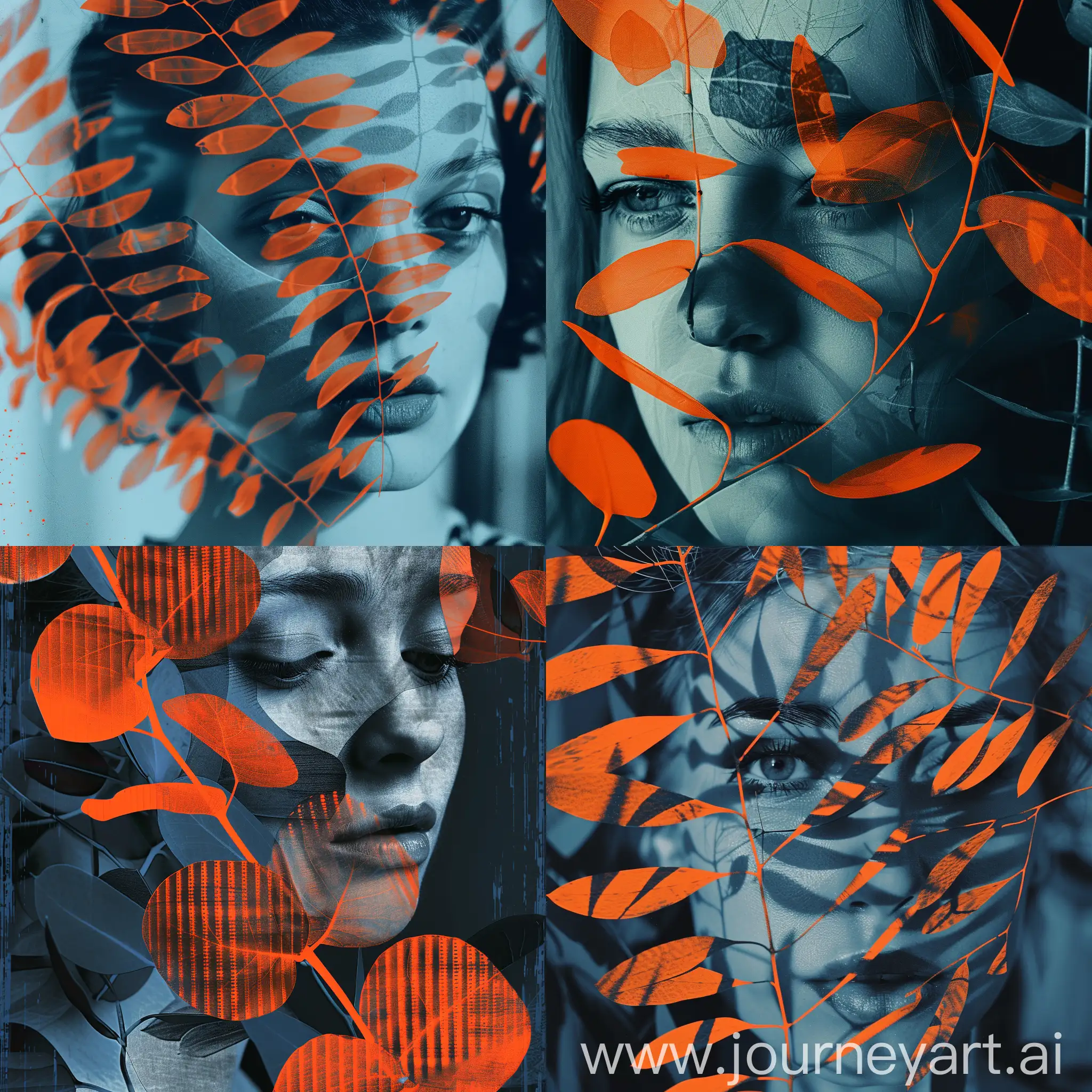 Vertical format film grain photo style capturing an enigmatic mood. The image features a woman's face in monochrome tones, dominated by deep blues and greys, with a striking contrast of bright orange lenticular shapes resembling eucalyptus leaves (
