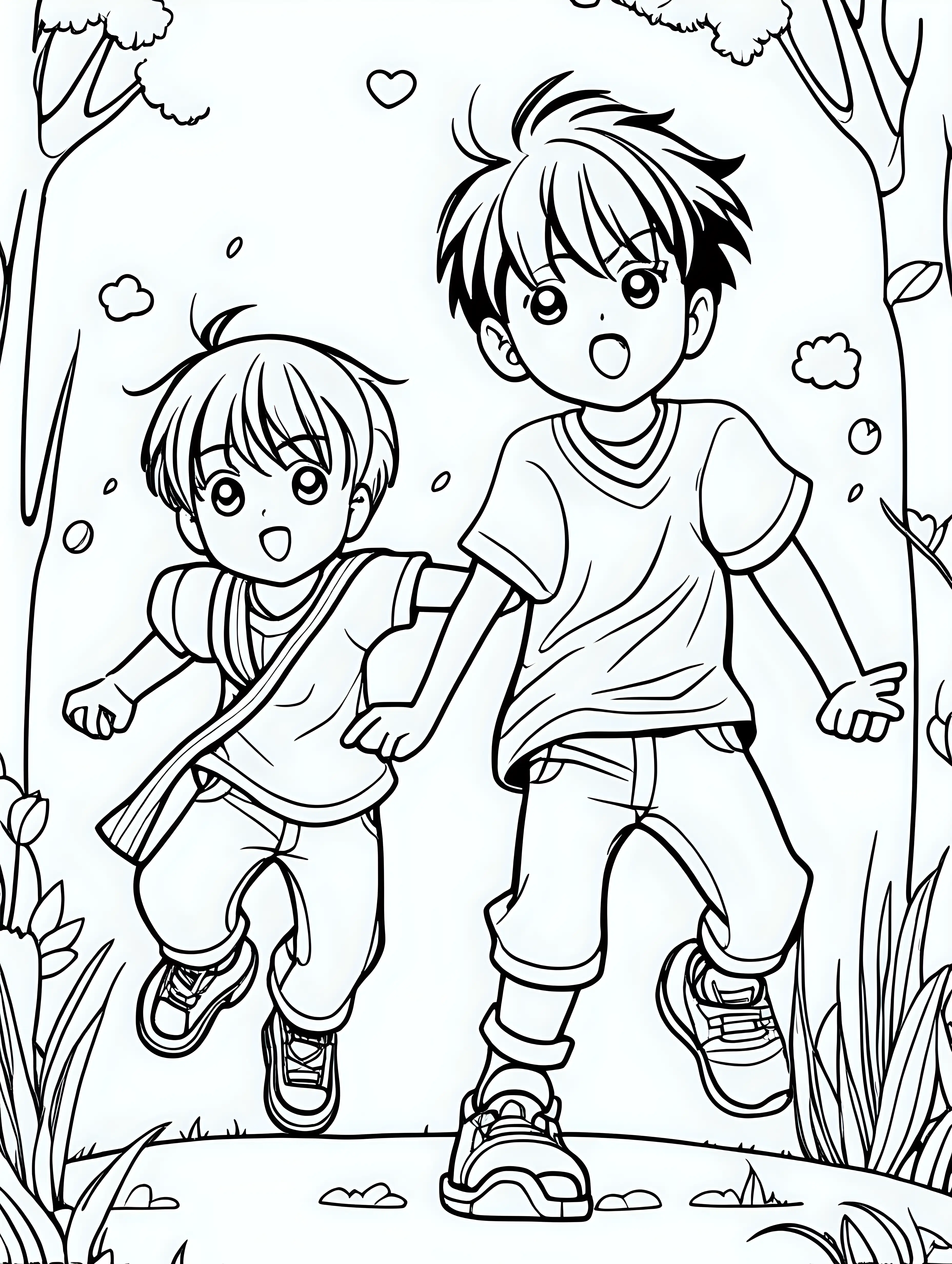 Coloring page for kids, two manga kids playing, black lines and white background 