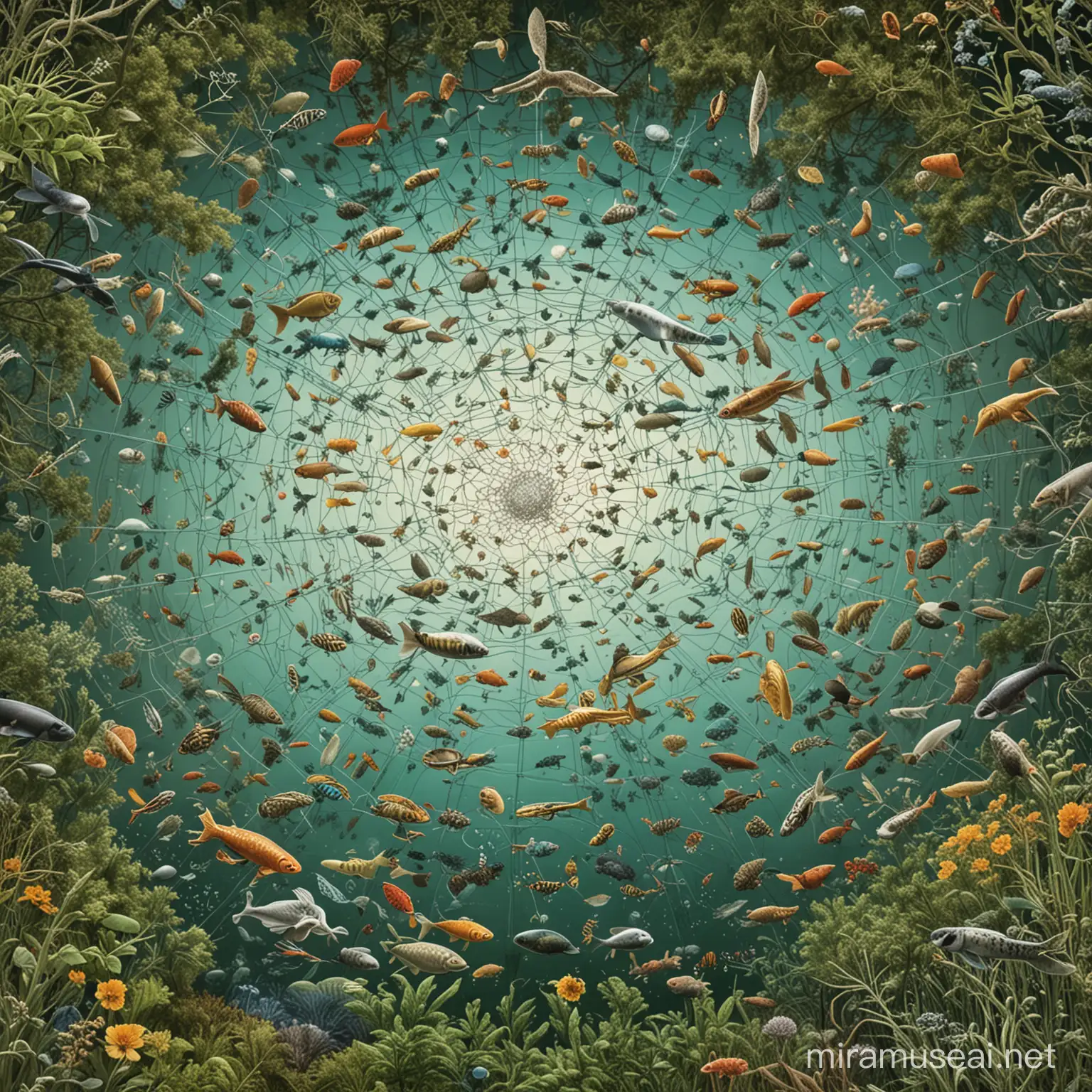  Imagine a vast and intricate network where every organism, from the smallest microbe to the largest predator, plays a crucial role in maintaining balance and harmony. In this ecosystem, each species relies on others for survival, whether through direct interactions like predator-prey relationships or indirect dependencies such as pollination or nutrient cycling. This illustration vividly showcases how changes in one part of the system can ripple outwards, affecting every other component. It highlights the delicate interconnectedness of all living things and emphasizes the importance of understanding and preserving the intricate web of life for the health and sustainability of our planet.