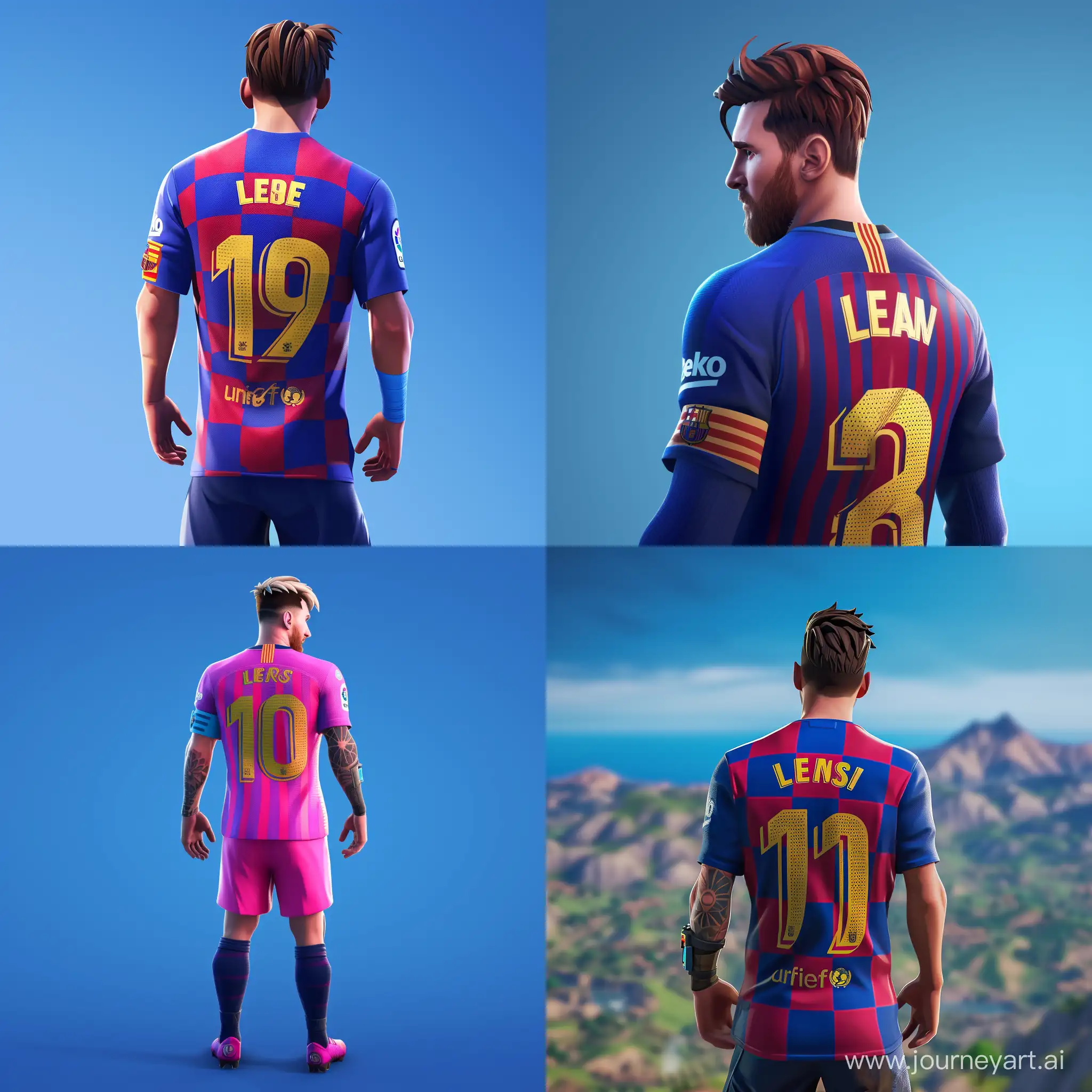Leo Messi fortnite style, from behind looking backwards