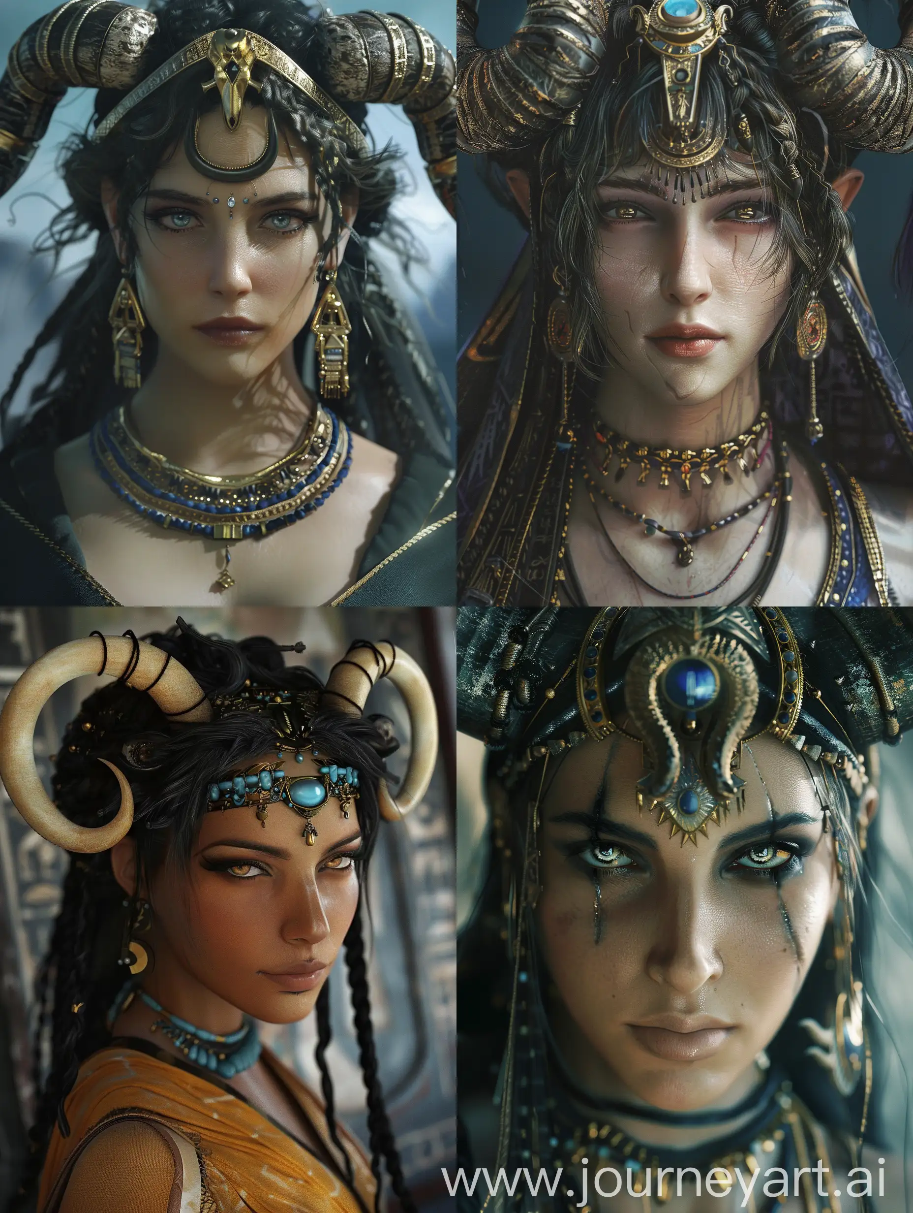 Hathor, the Egyptian god, the goddess of love and beauty, with cow horn decorations on her head, dark fantasy, final fantasy XV style
