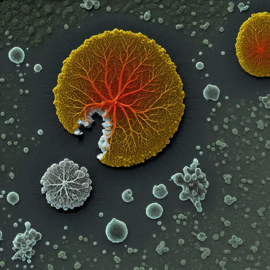 "Lichenase Enzyme: To create visuals that best depict the lichenase enzyme:

Imagine a scene around a crystal-clear pond where the natural habitat of the lichenase enzyme is portrayed. Enzyme molecules should impressively attach to the surface of lichen, breaking down surrounding organic material. In this scene captured under a microscope, details emphasizing the natural properties of lichenase should take center stage.

To highlight the catalytic activity of enzyme molecules, interactions of lichenase settling on the lichen surface should be depicted clearly and in detail. The interaction of enzymes with substrates should lead to changes in the color and texture of the surface.

Include a diagram in the scene that illustrates the working principles of lichenase, showcasing the visual elements explaining substrate binding, catalytic reactions, and product release.

The color palette in the visuals should emphasize the calm tones of nature, creating an atmosphere that suits the natural habitat of lichenase. Using soft, natural light is essential to highlight the enzyme's natural activity in the visuals.

Finally, ensure the scientific accuracy of every detail in the visuals, reflecting the biological characteristics of lichenase in the best possible way. --v 5 --ar 16:9 --q 1.8 --chaos 20"