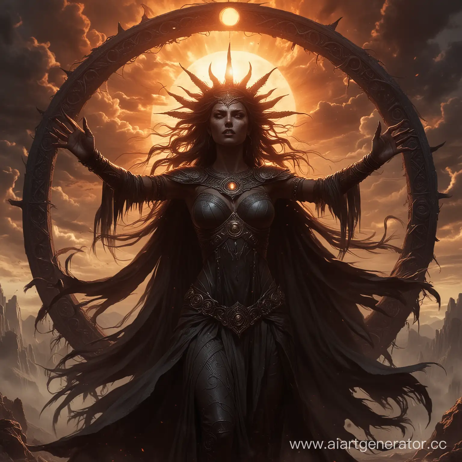 Затемнина, дева Чëрного Солнца – демоническая сущность, приходящая на Землю раз в столение. В своëм стремлении низвергнуть власть небесных богов, она затмевает Солнце силой своей ненависти, погружая мир в первобытный ужас.