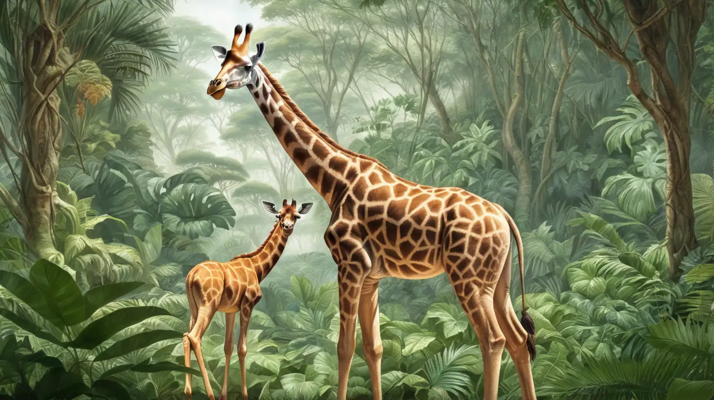 Giraffe and Deer Encounter in Lush Jungle Habitat